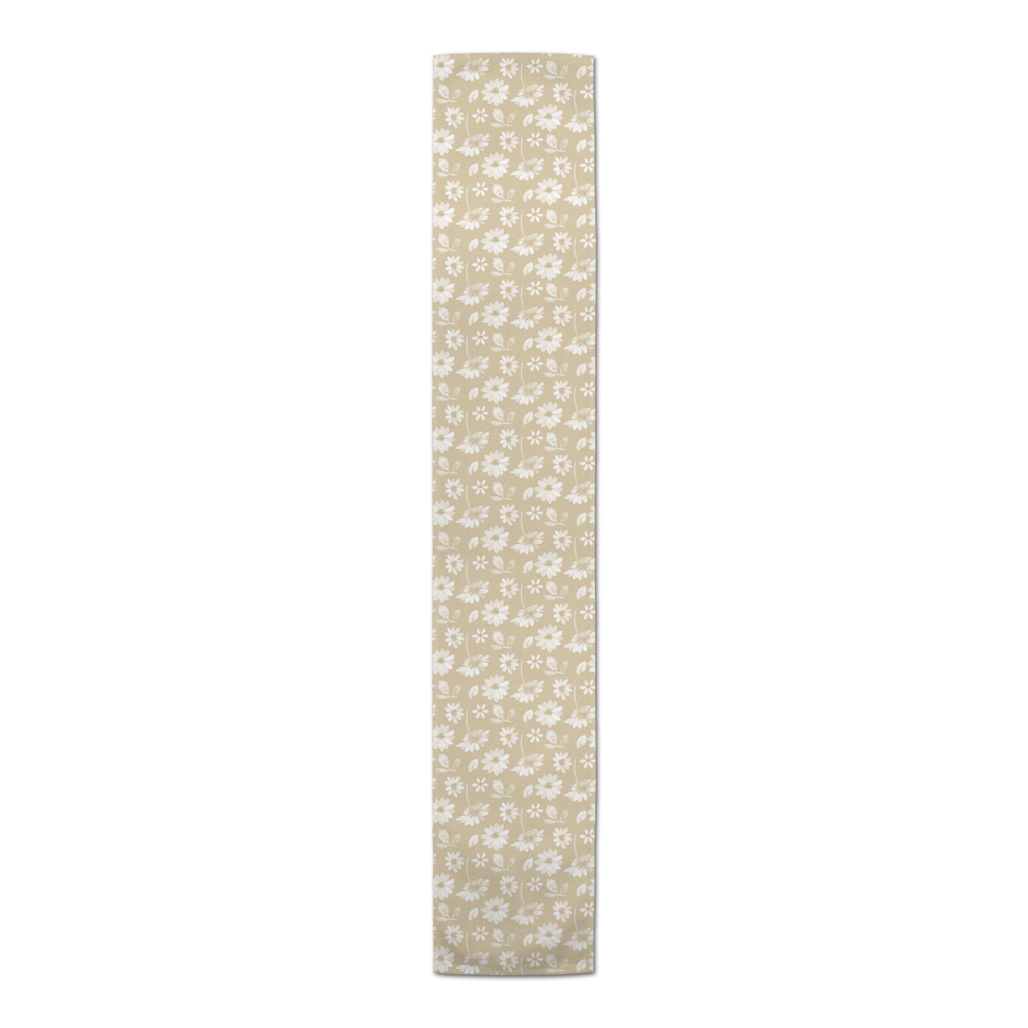 6ft. Tan & White Florals Cotton Twill Table Runner