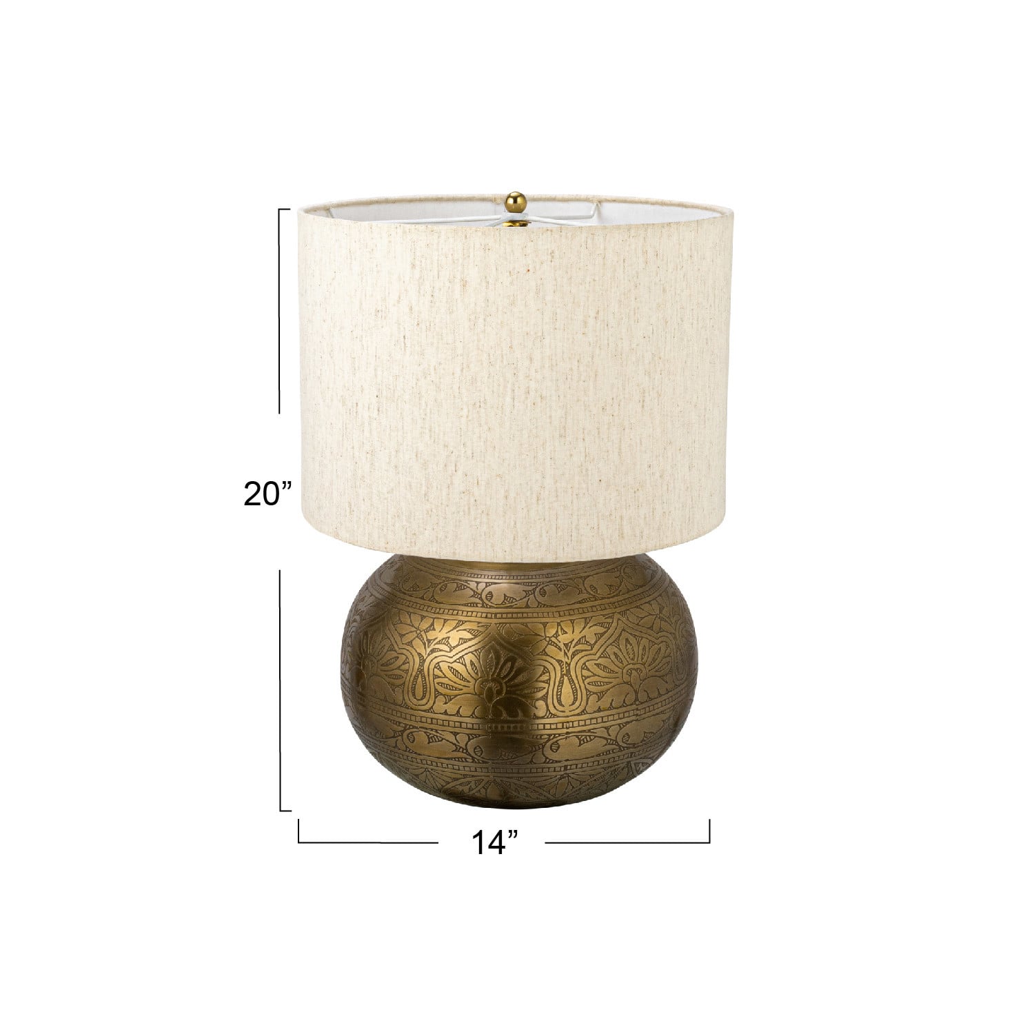 20&#x22; Antique Brass Finish Round Etched Metal Table Lamp with Cotton Shade