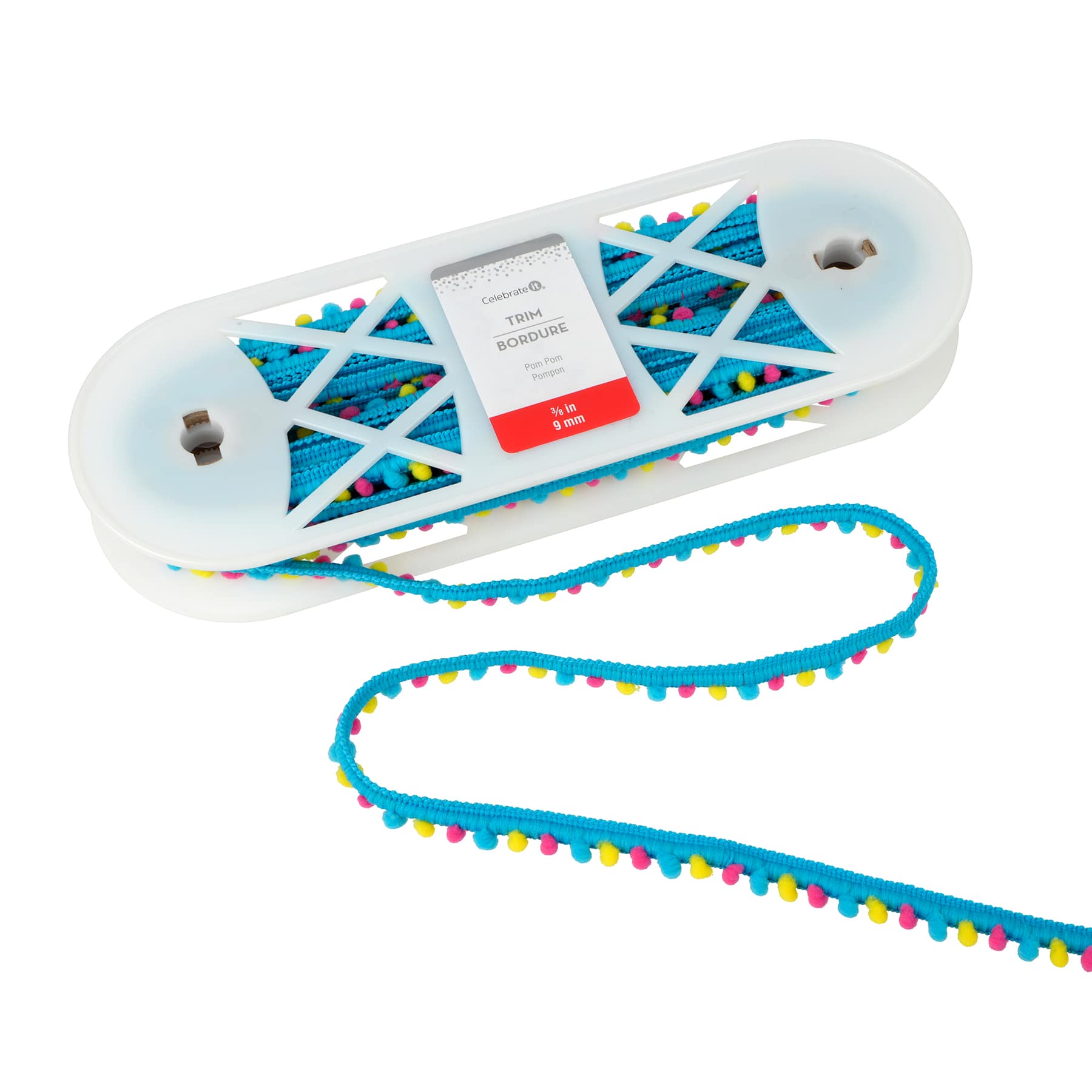 3/8&#x22; Blue Multicolor Pom Pom Trim Ribbon by Celebrate It&#xAE;