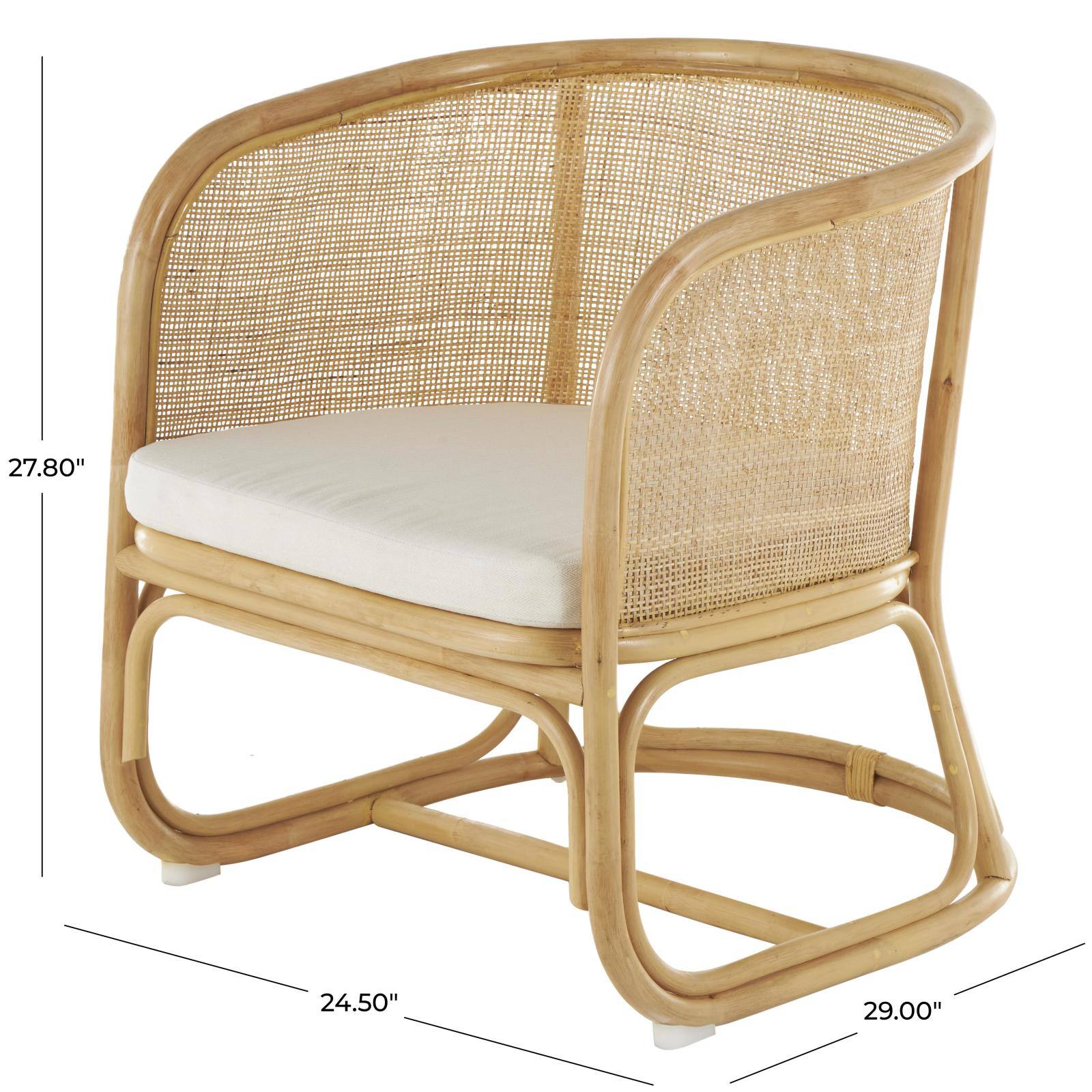 25" x 29" x 28" Light Brown Rattan Woven Rounded Accent Chair with White Fabric Cushion