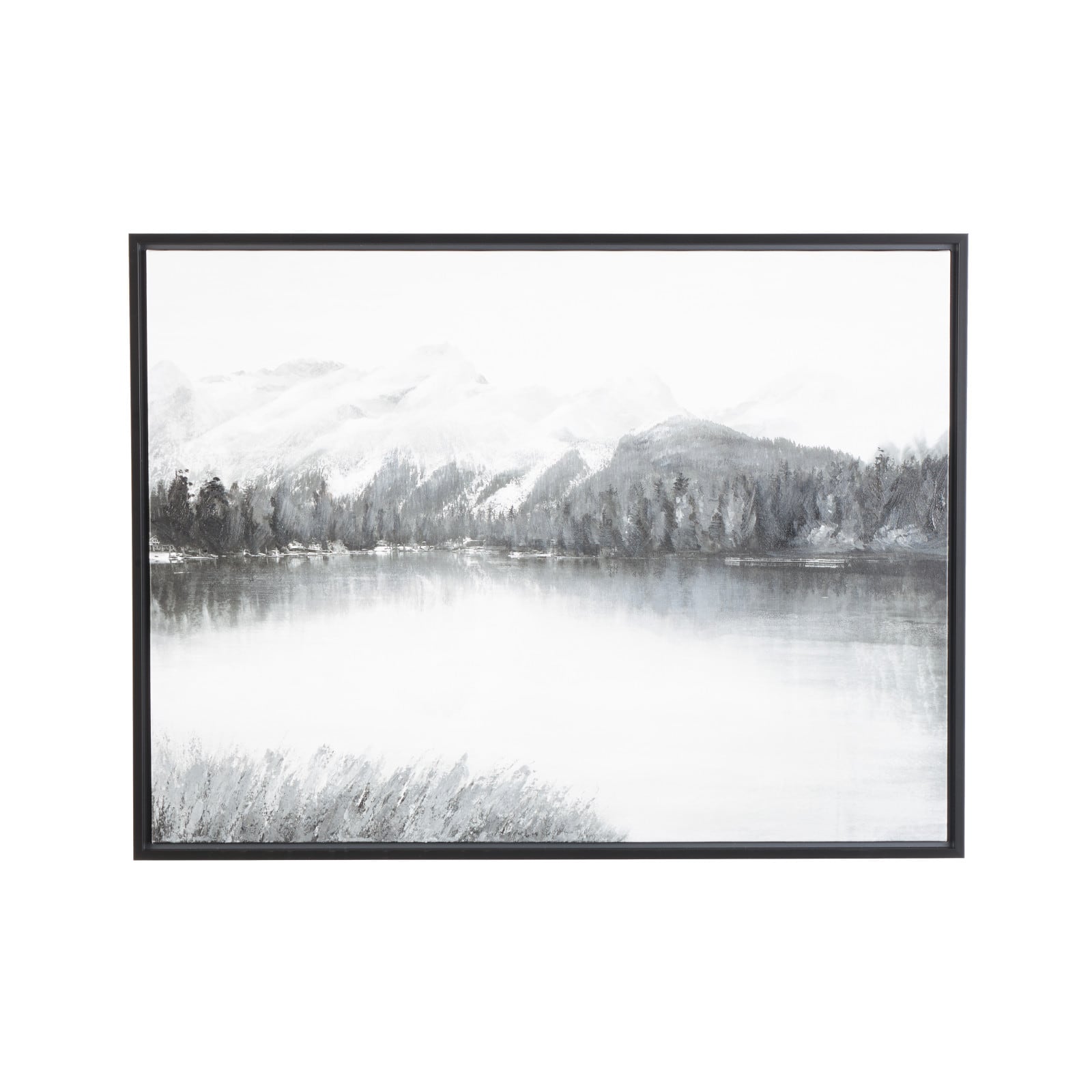 40" x 30" Gray Neutral Lake Landscape Canvas Framed Wall Art with Black Frame