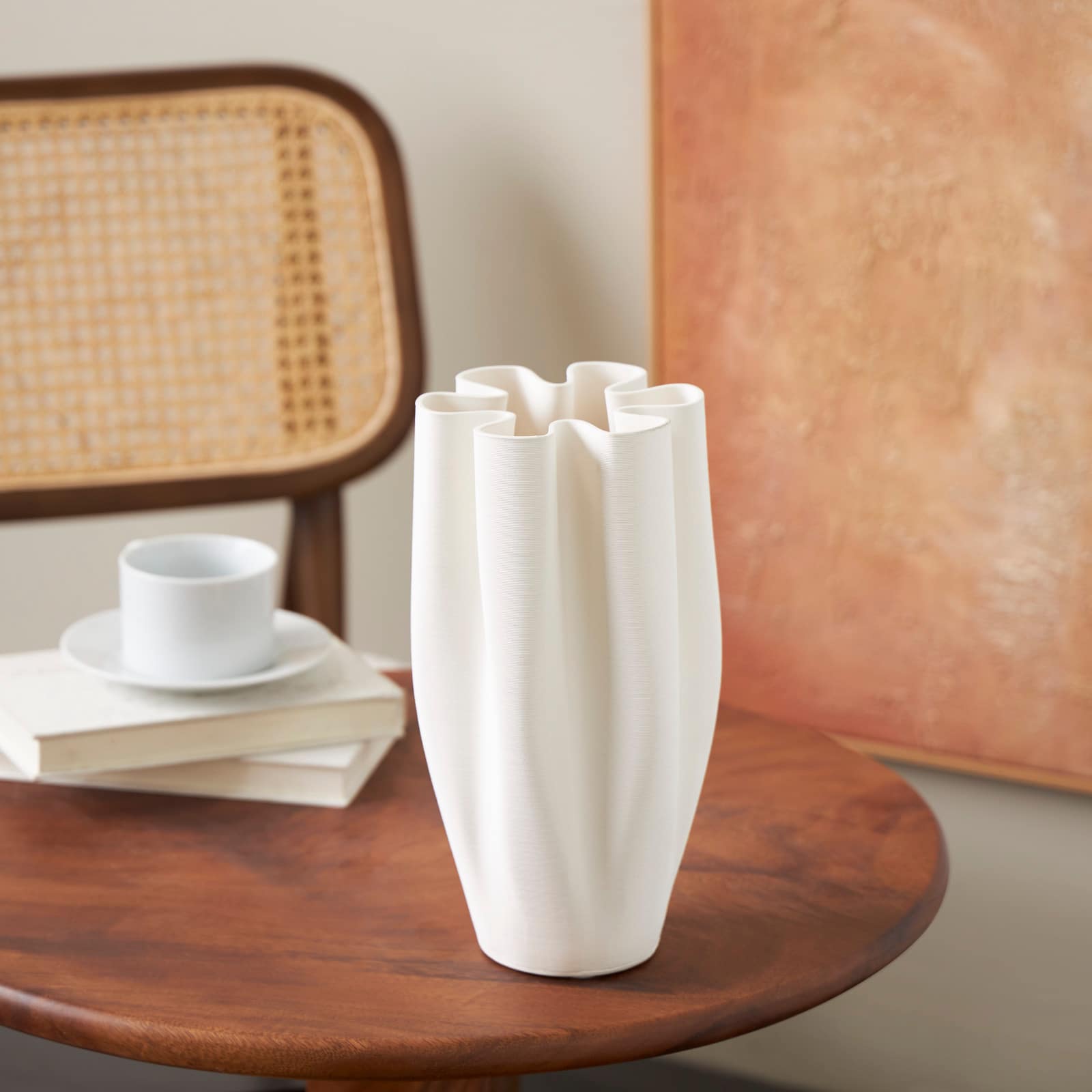 White Ceramic Abstract Ribbed Dimensional Folded Vase with Floral Shaped Rim