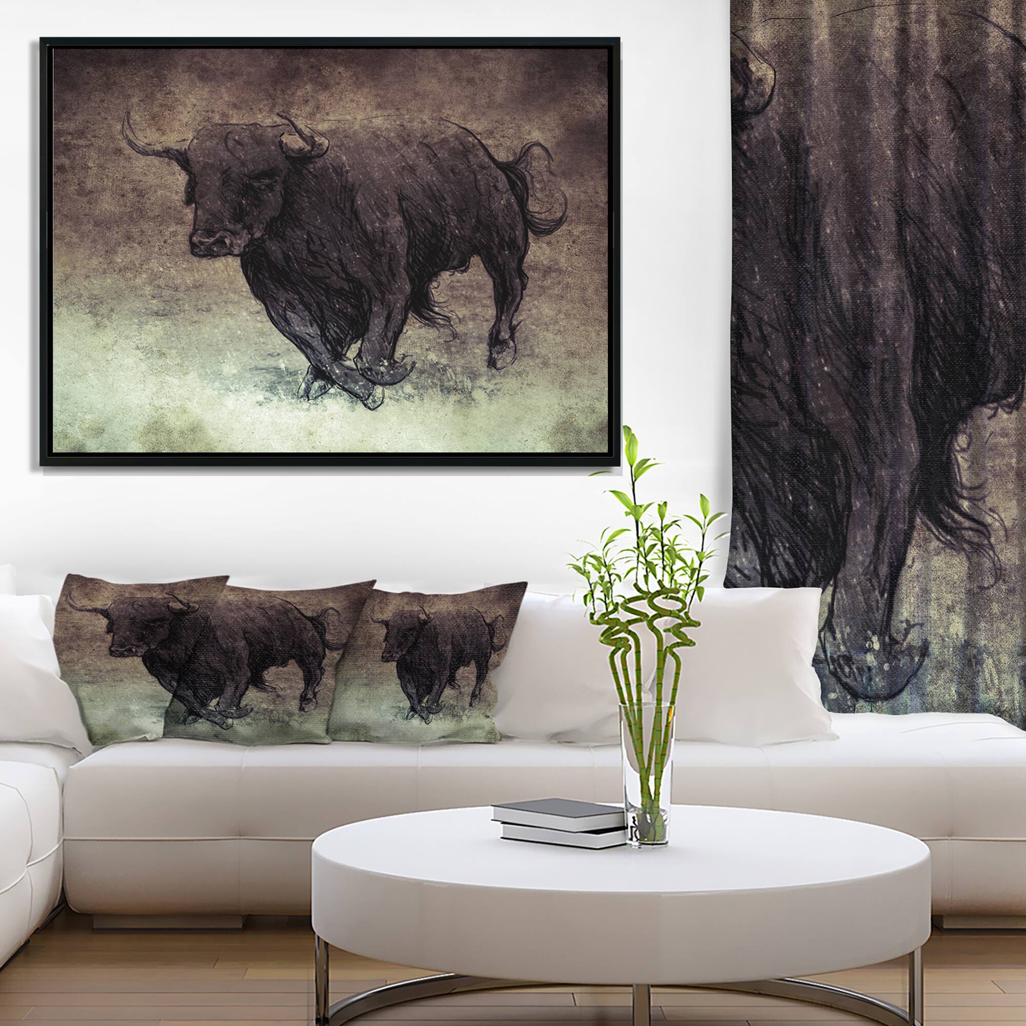 Designart - Bull Running on Vintage Paper - Animal Canvas Art Print in Black Frame
