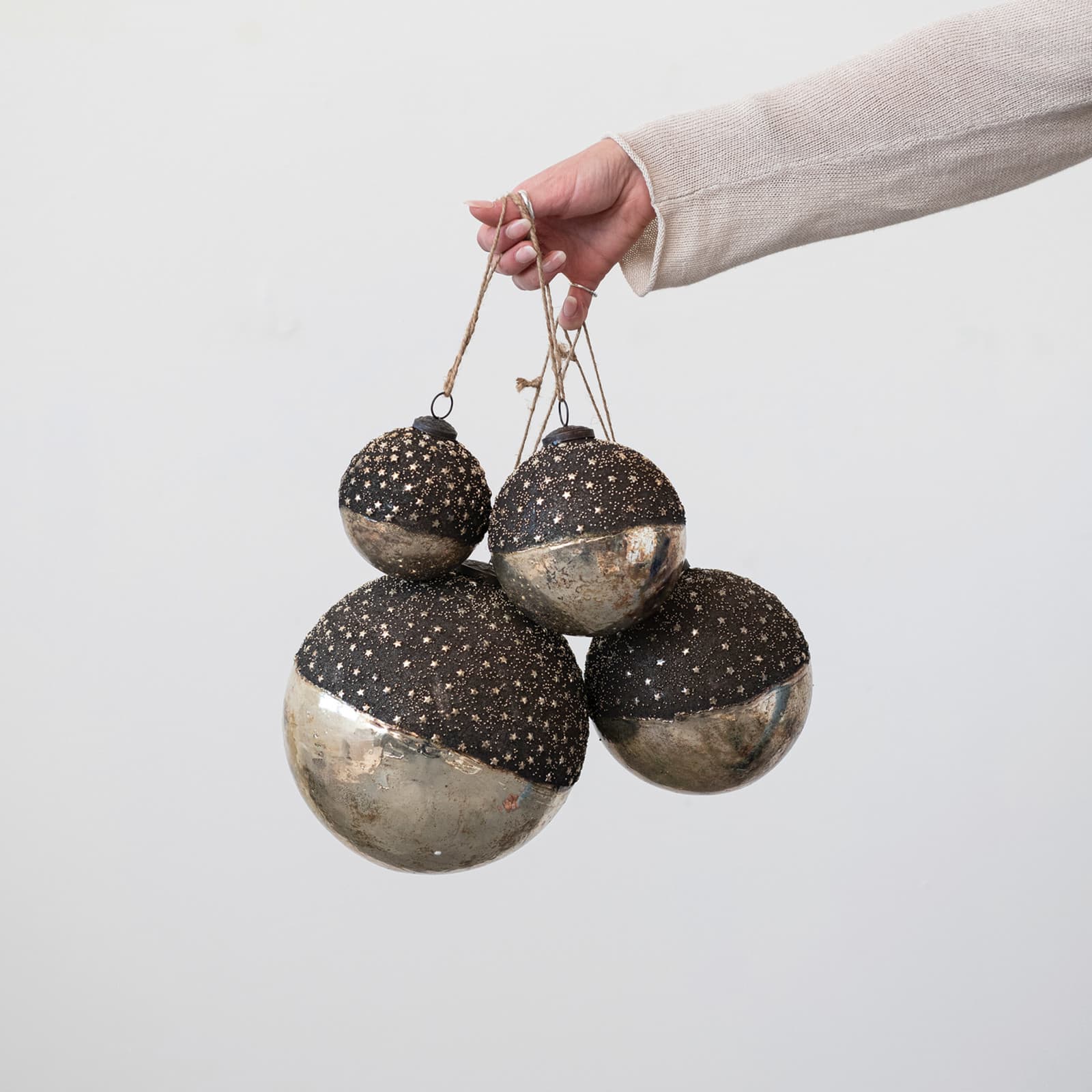 Hello Honey® 5" Starry Bronze & Dipped Silver Mercury Glass Ball Ornament