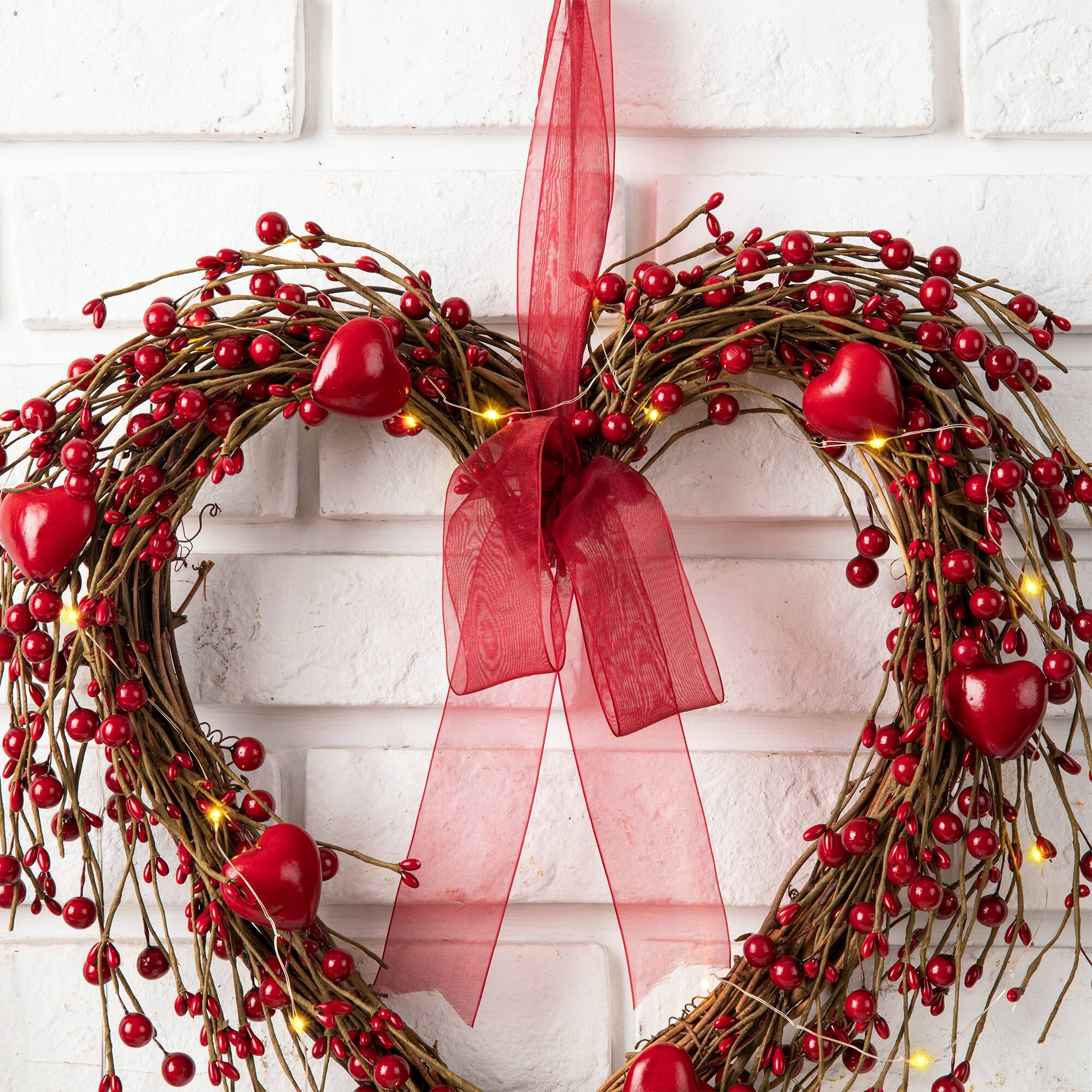 Glitzhome® 17" Lighted Valentine's Berry Heart Wreath