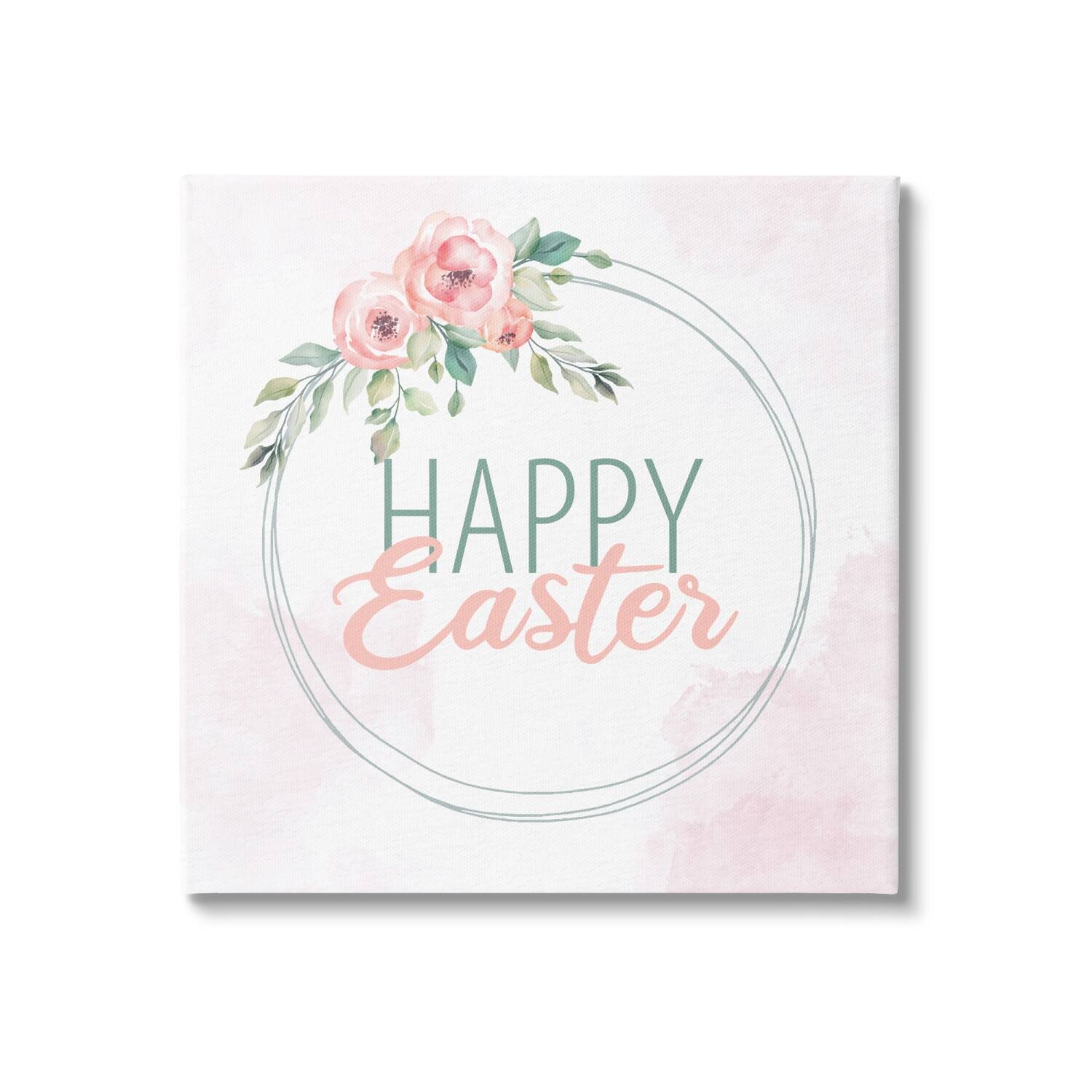 Stupell Industries Happy Easter Round Floral Border Pastel Pink Design Canvas Wall Art