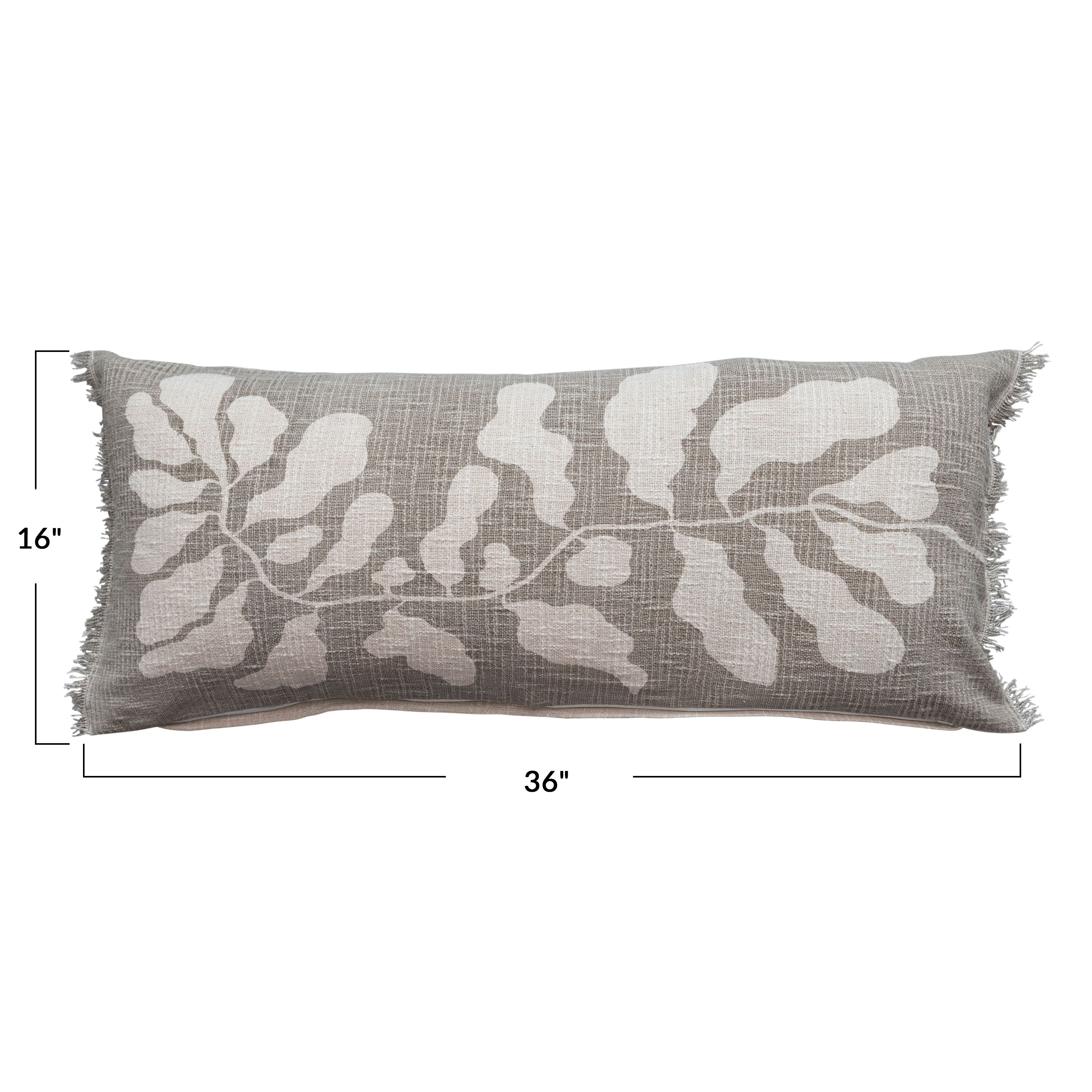 Hello Honey® Gray Botanical Print Cotton Lumbar Pillow with Fringe