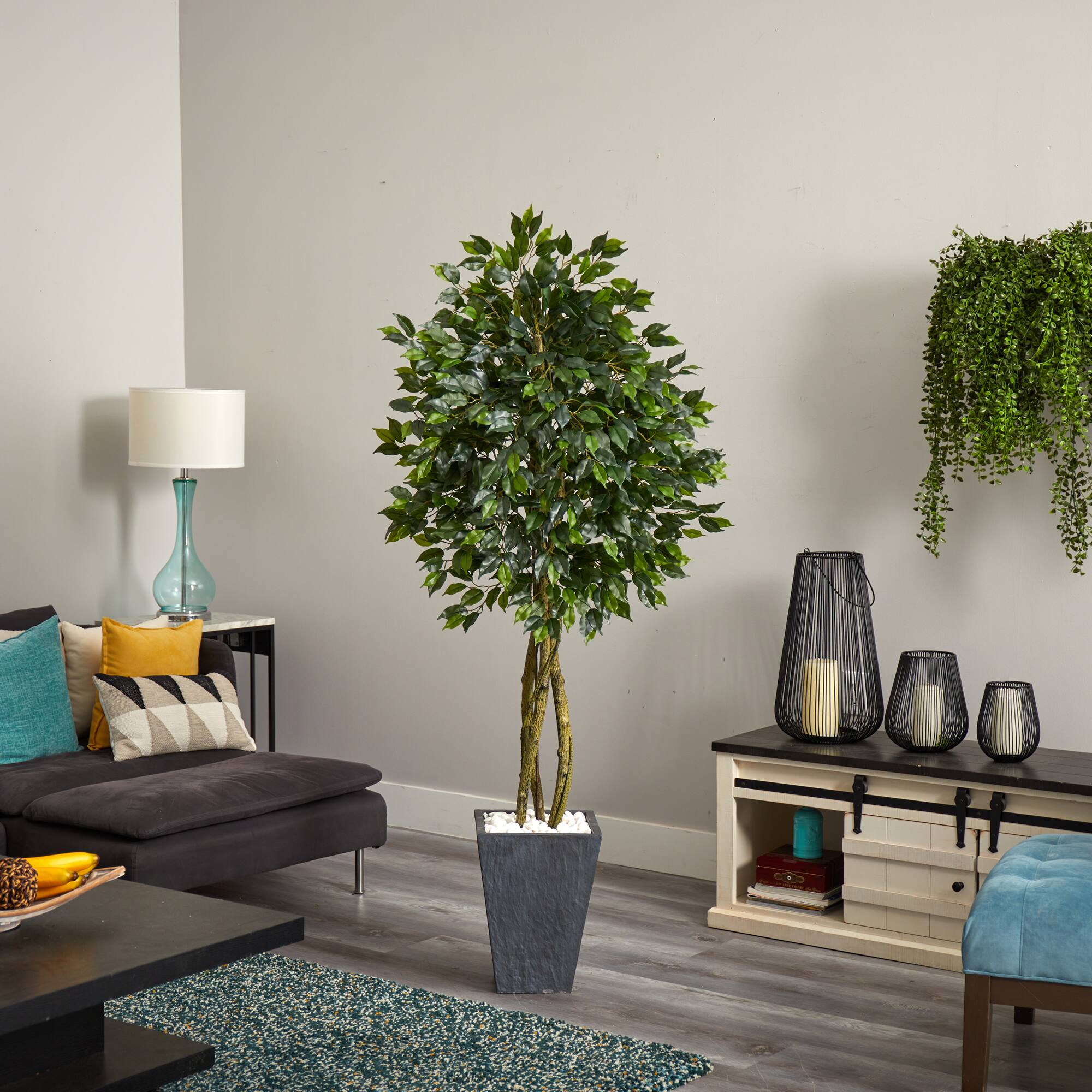 6.5ft. UV Resistant Ficus Artificial Tree in Slate Planter