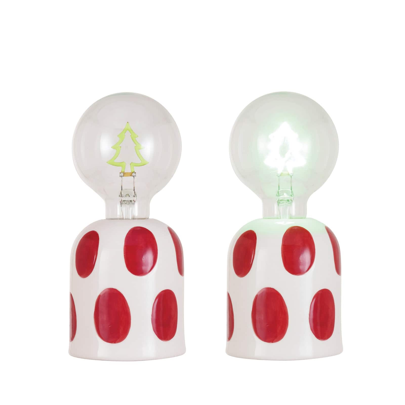 Hello Honey&#xAE; 7.25&#x22; White &#x26; Red Dots Stoneware Lamp with Tree Shaped LED Filament Lightbulb