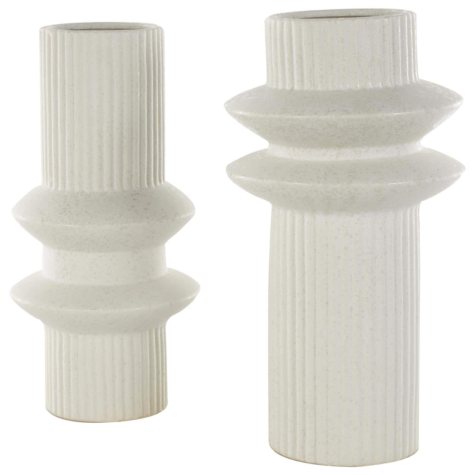 White Ceramic Abstract Ribbed Vase with Speckled Texturing