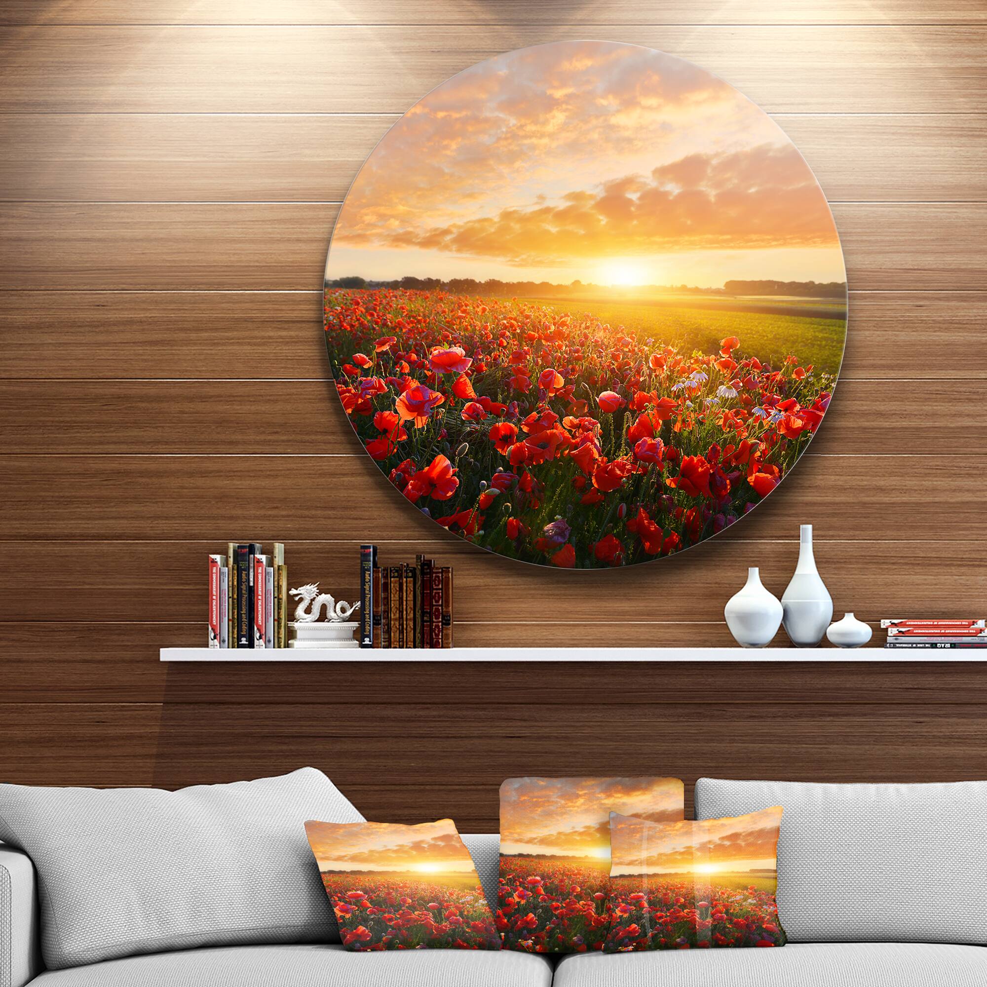 Designart - Beautiful Poppy Field at Sunset&#x27; Abstract Round Circle Metal Wall Art