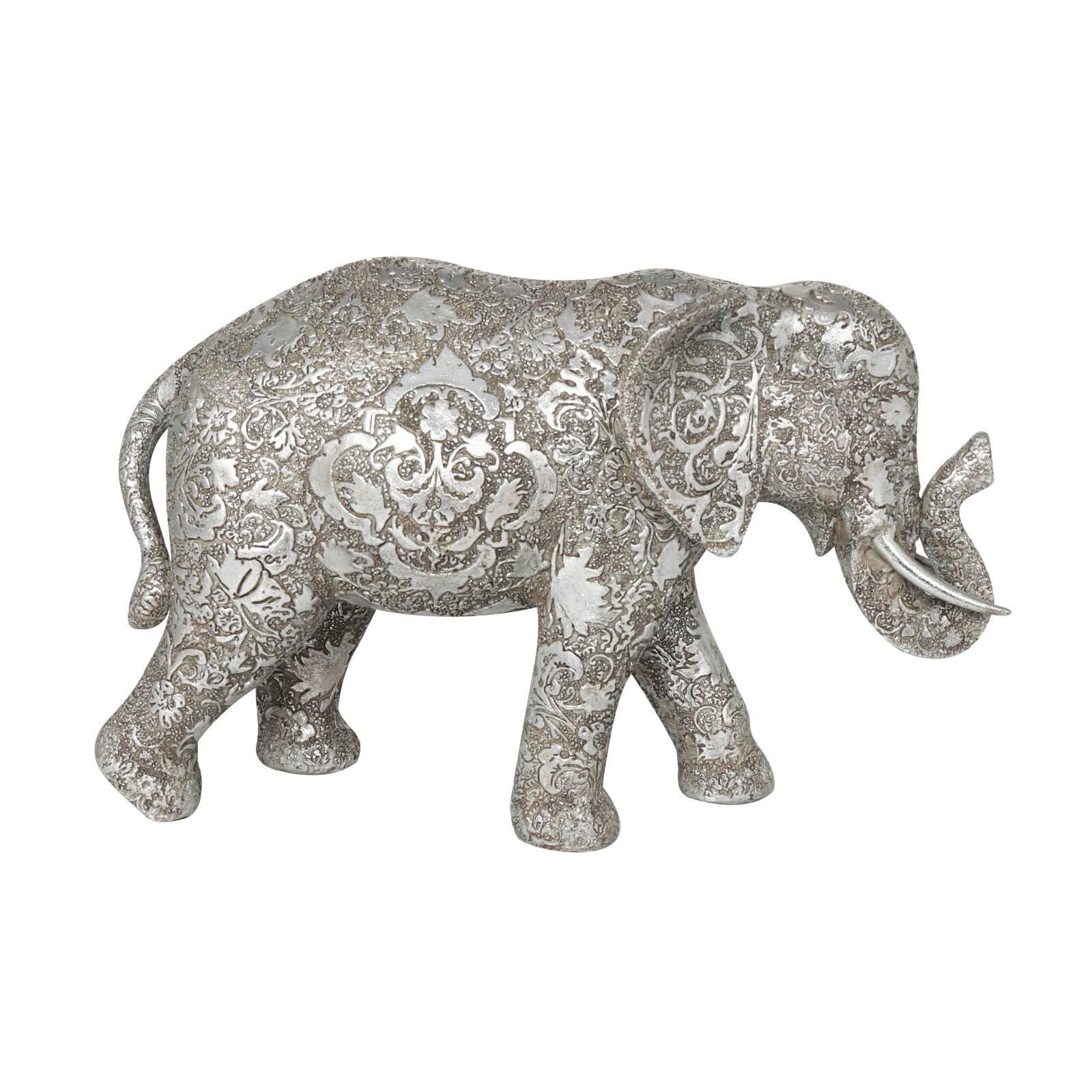 14" Silver Polystone Elephant Floral Engraved Sculpture