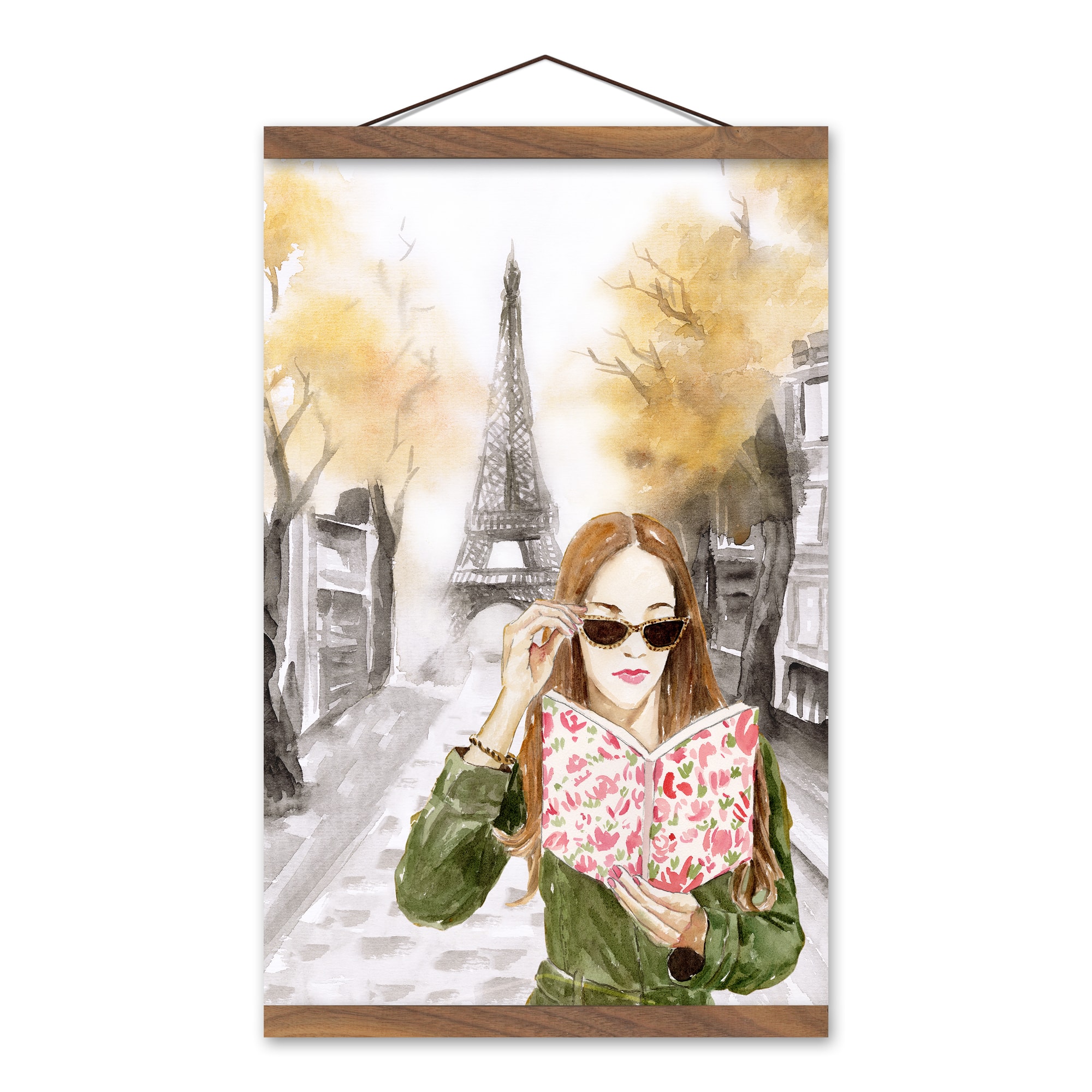 Reading Girl Paris Teak Hanging Canvas