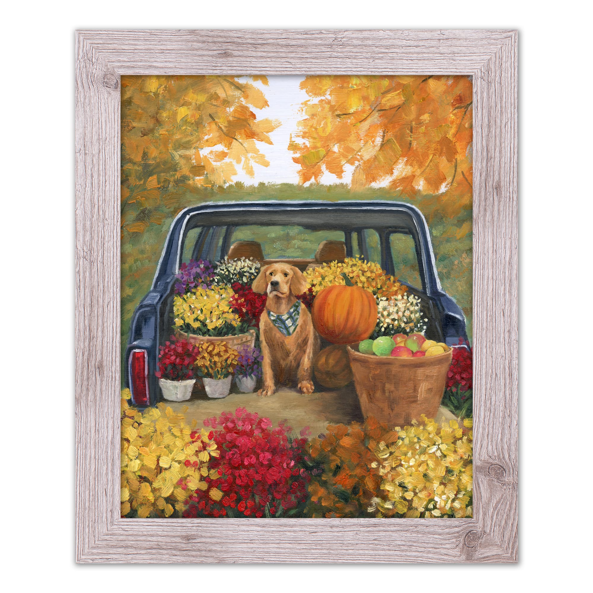 Fall Floral Dog Truck Western White Framed Print