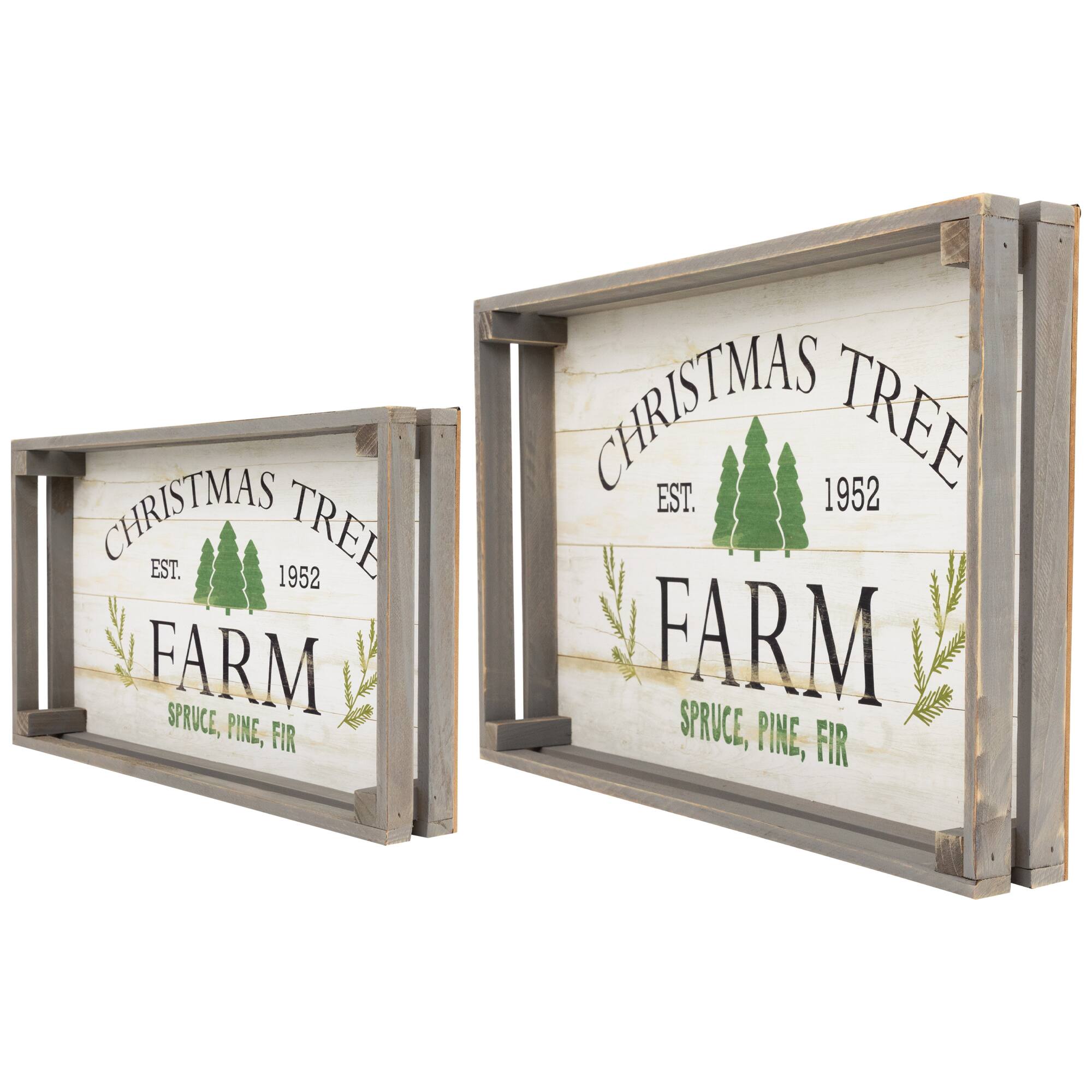 Gray & White Farm Fresh Christmas Trees Wooden Tray Hanging Sign Set