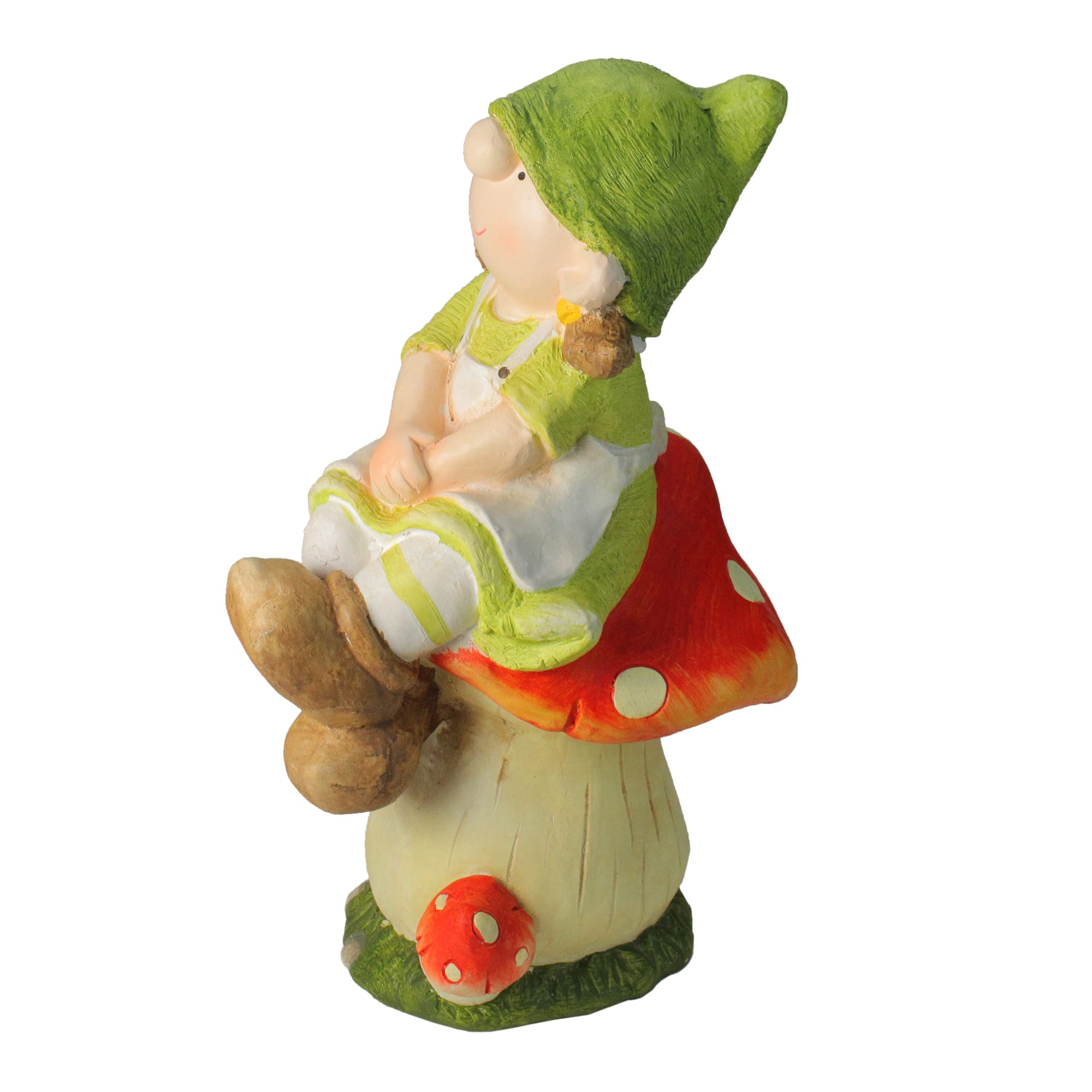 19.25" Young Girl Gnome Sitting on a Mushroom Spring Outdoor Garden Figure
