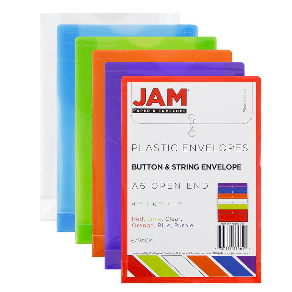 JAM Paper 4.25&#x22; x 6.25&#x22; Assorted Button &#x26; String Tie Closure Plastic Envelopes, 6ct.