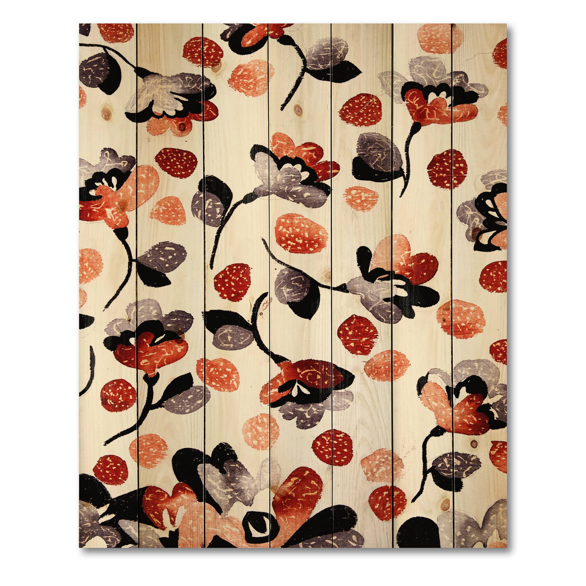 Designart - Modern Flower In Blue Red and Orange - Bohemian &#x26; Eclectic Print on Natural Pine Wood