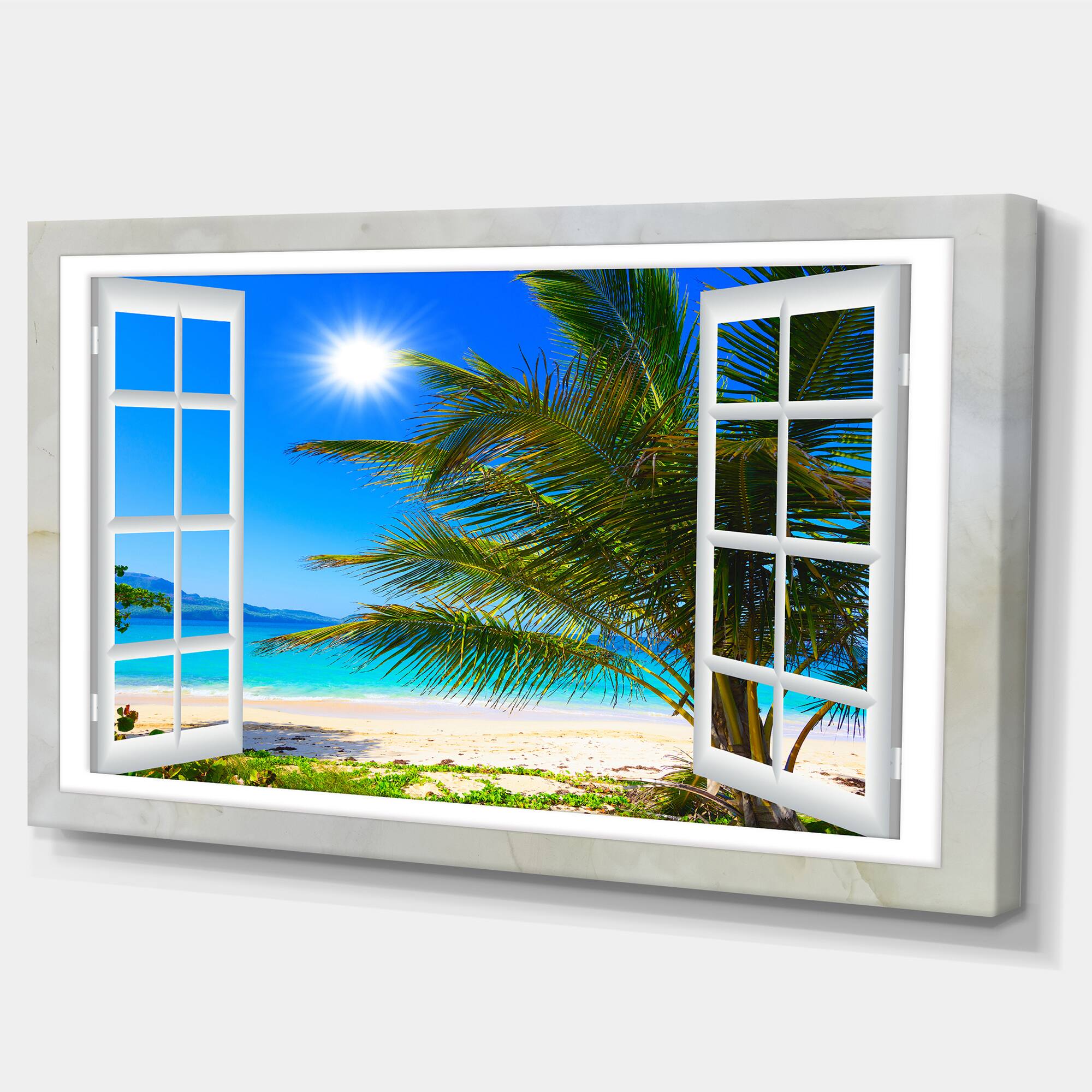 Designart - Window Open to Beach with Palm - Extra Large Seashore Canvas Art