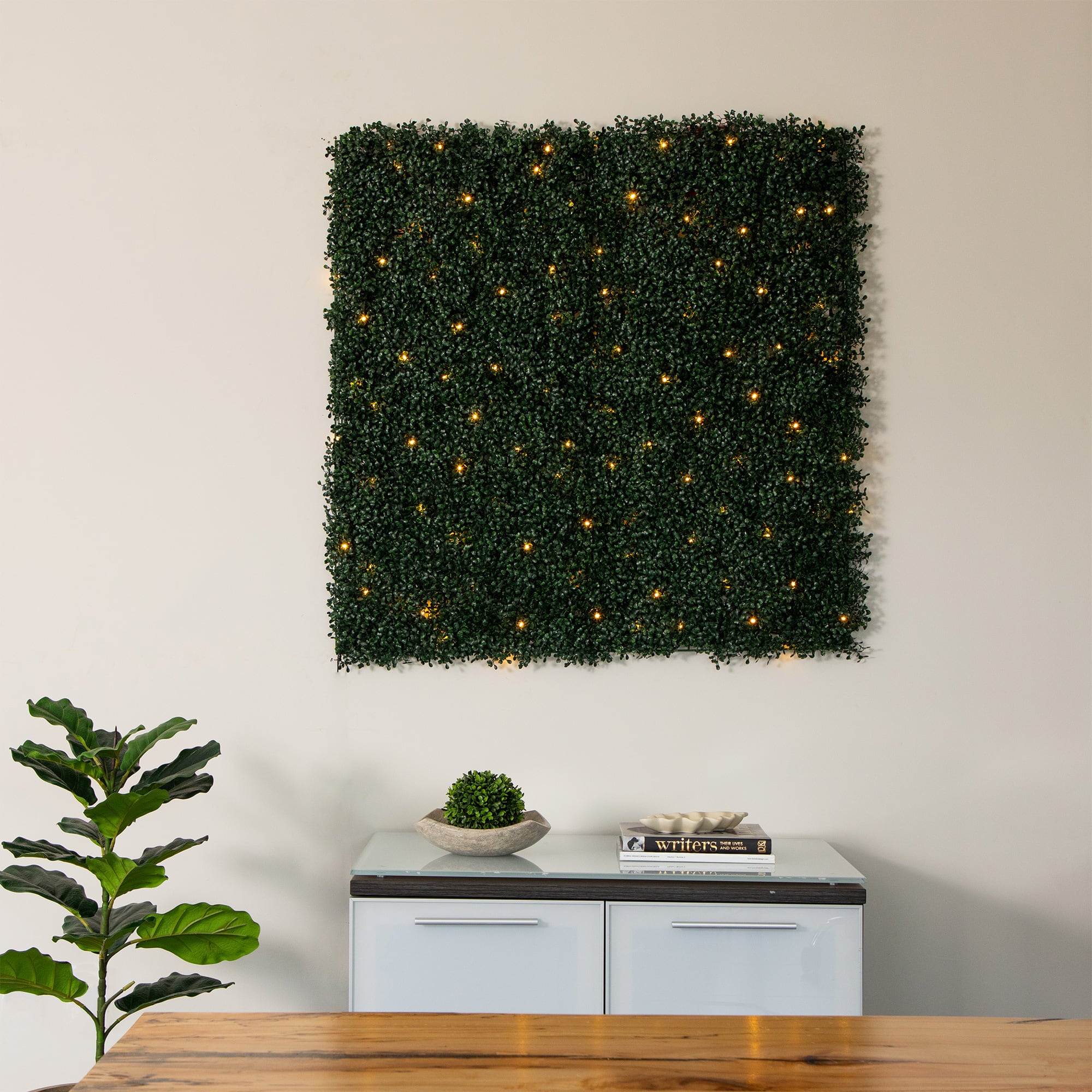 40&#x22; Pre-Lit Warm White LED Boxwood Artificial Living Wall Panel