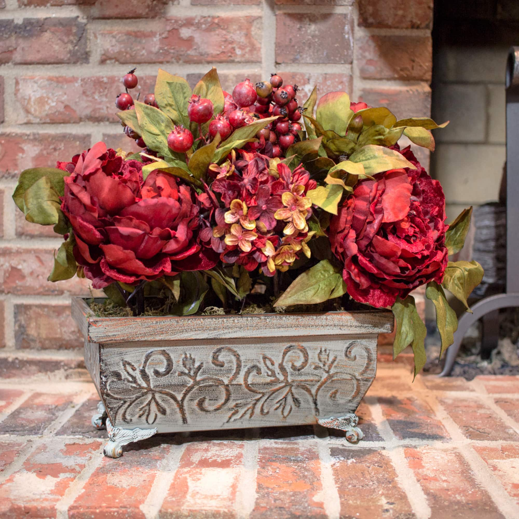 18&#x22; Red Peony &#x26; Hydrangea Arrangement in Decorative Planter