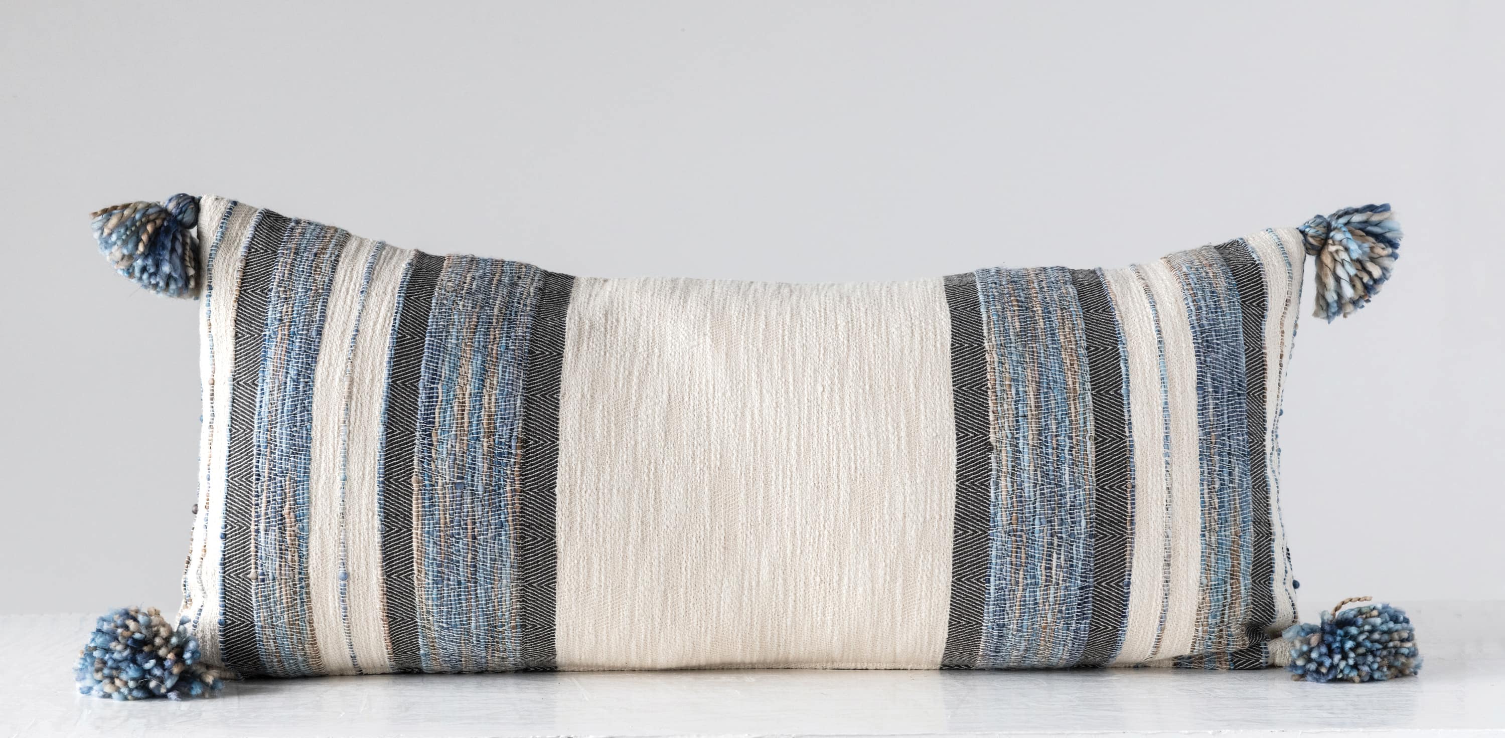 Hello Honey® Blue, Gray & Cream Striped Lumbar Pillow with Tassels
