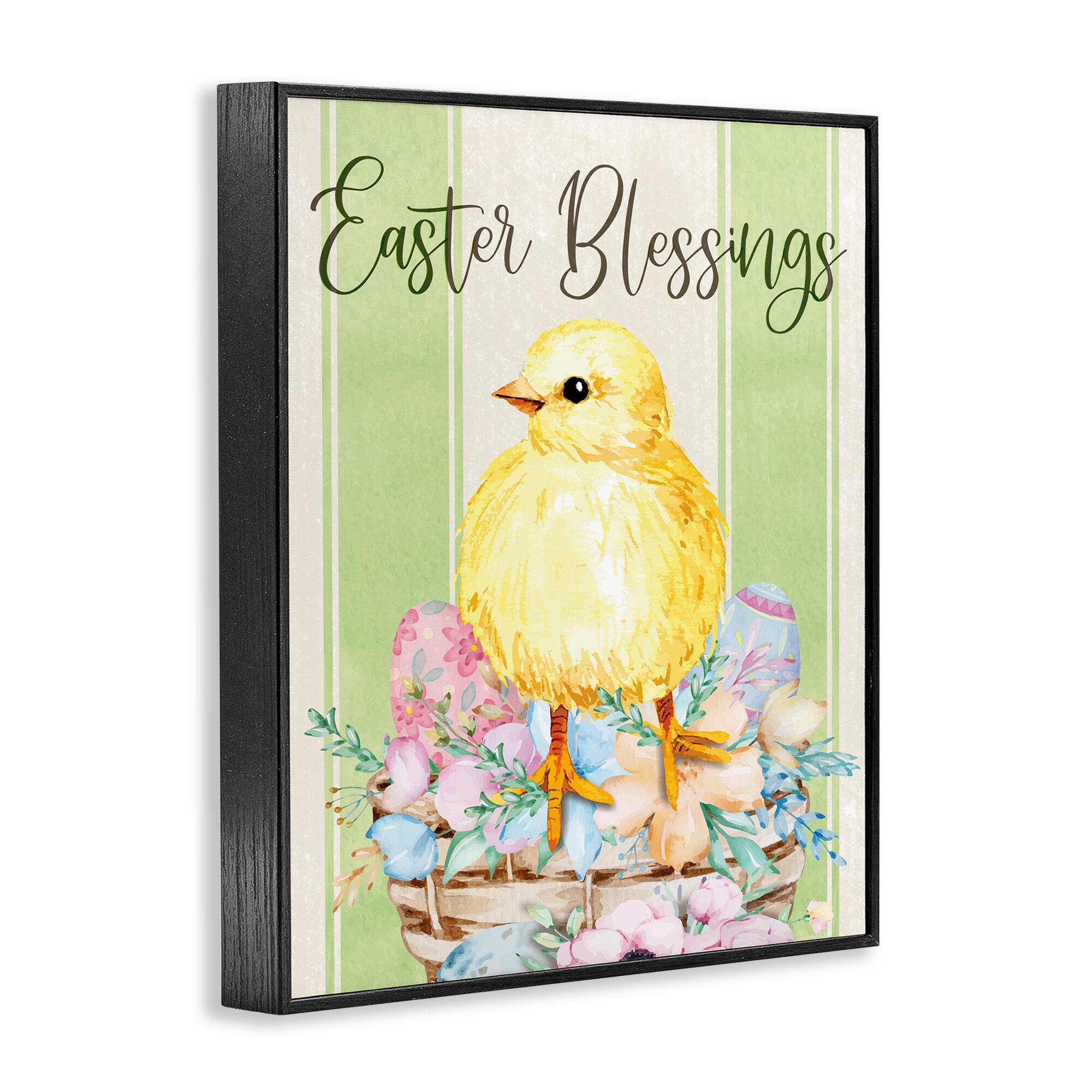 Stupell Industries Easter Blessings Text Striped Yellow Chick Egg Basket Framed Giclee Art