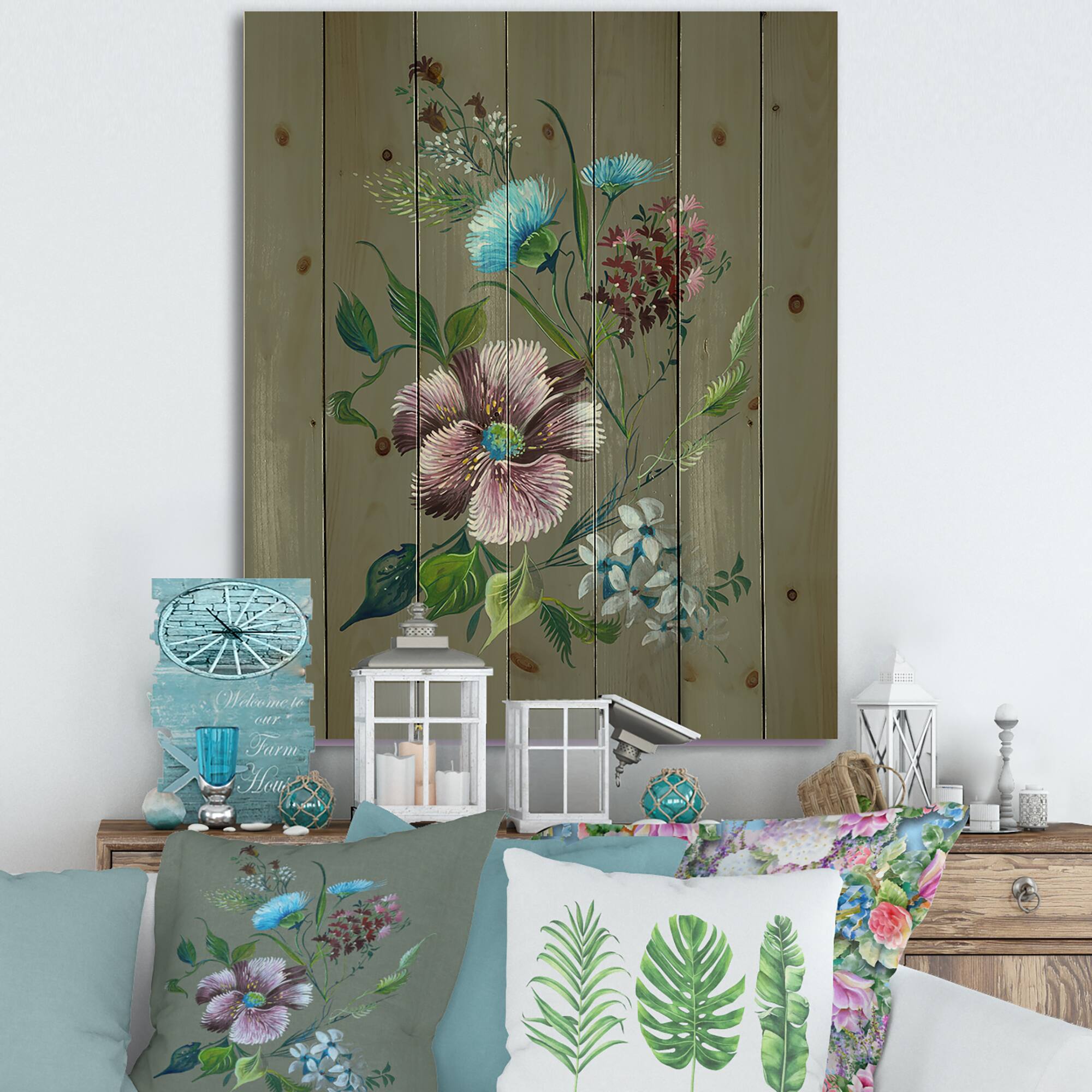 Designart - Purple and Turquoise Spring Flowers - Traditional Print on Natural Pine Wood