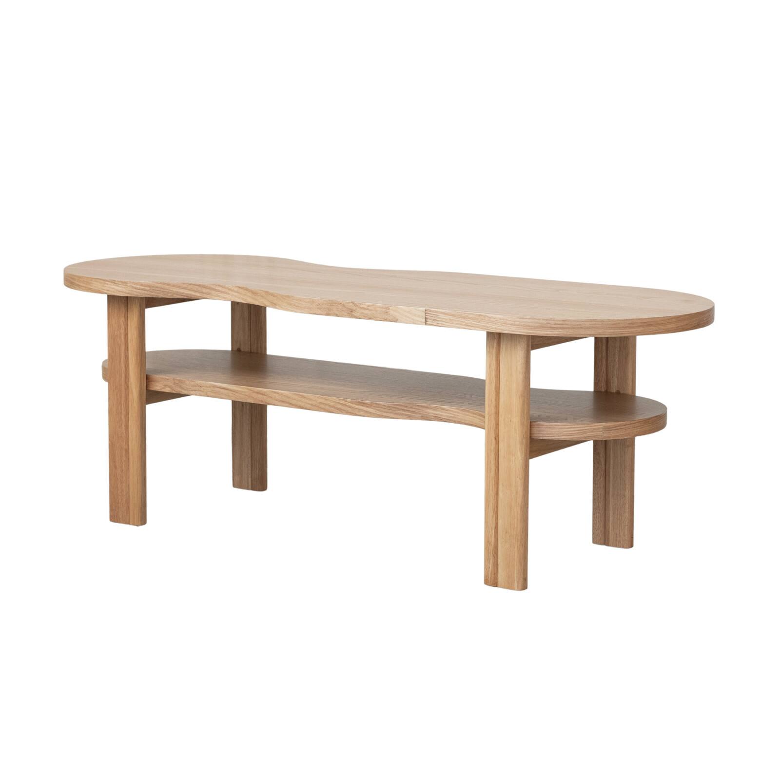 Hello Honey&#xAE; Natural Oak Wood Veneer and Rubberwood Organic Shaped Coffee Table with Shelf