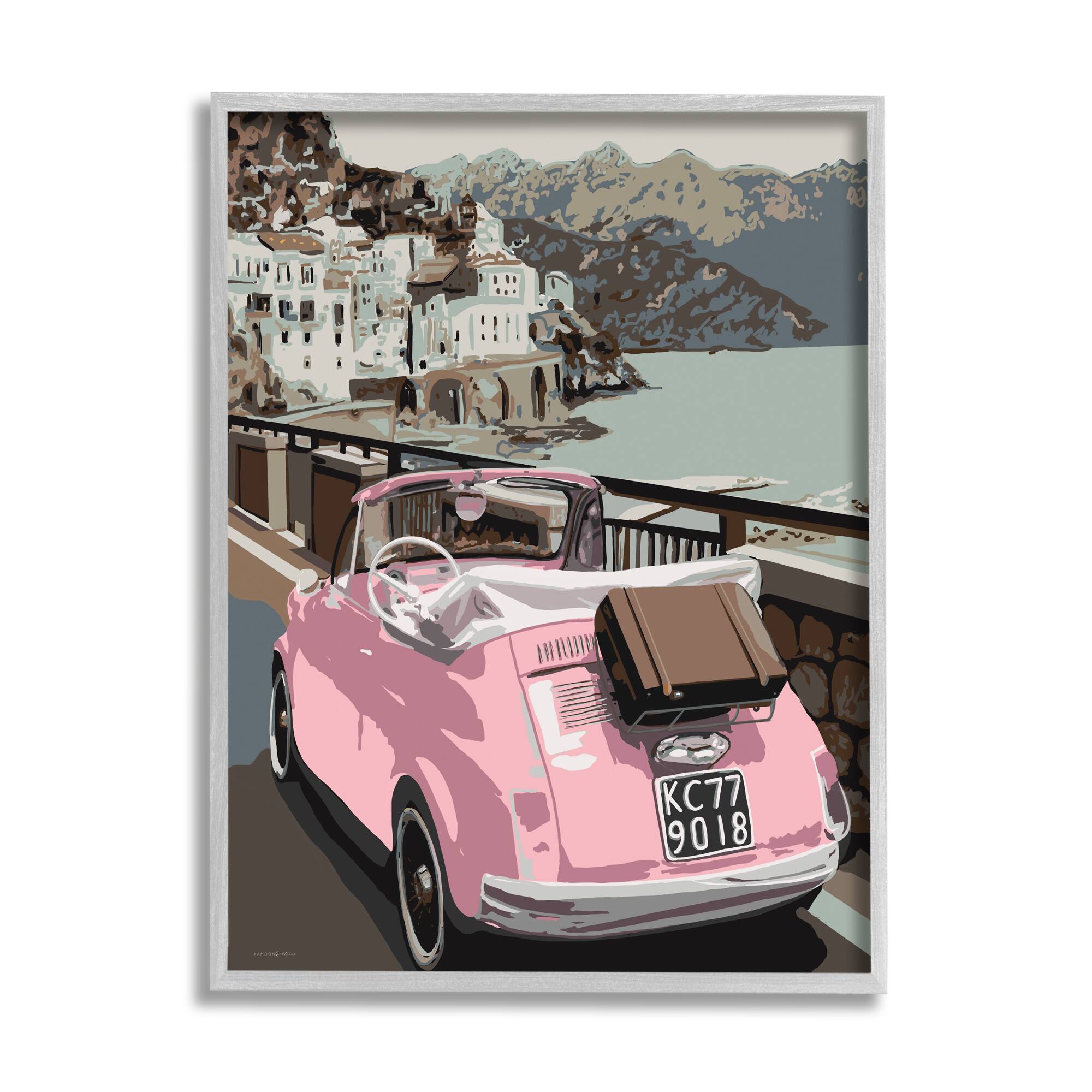 Stupell Industries Pink Car Cliffside Town on Waterfront Road in Gray Frame Wall Art