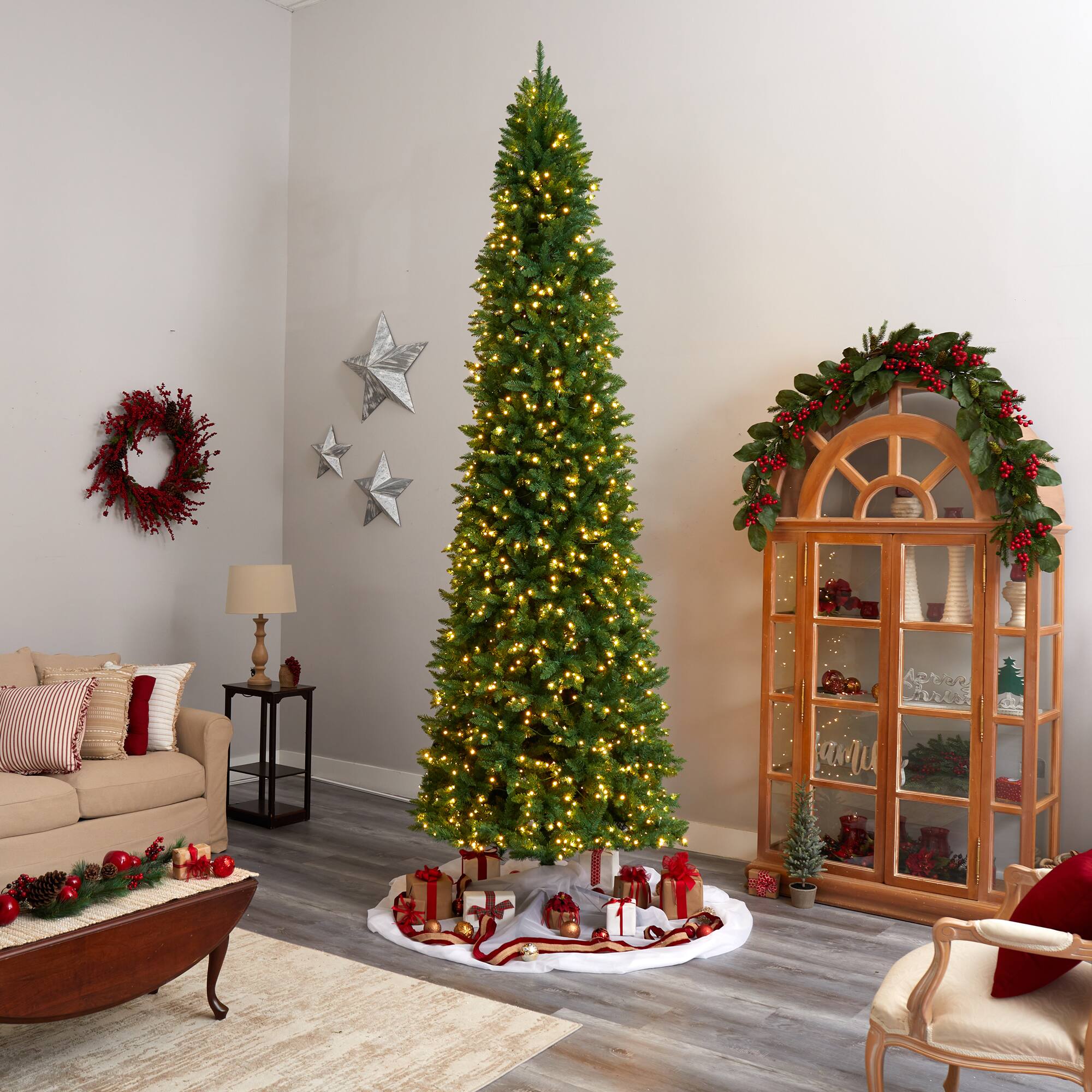 12ft. Pre-Lit Slim Green Mountain Pine Artificial Christmas Tree, Clear ...