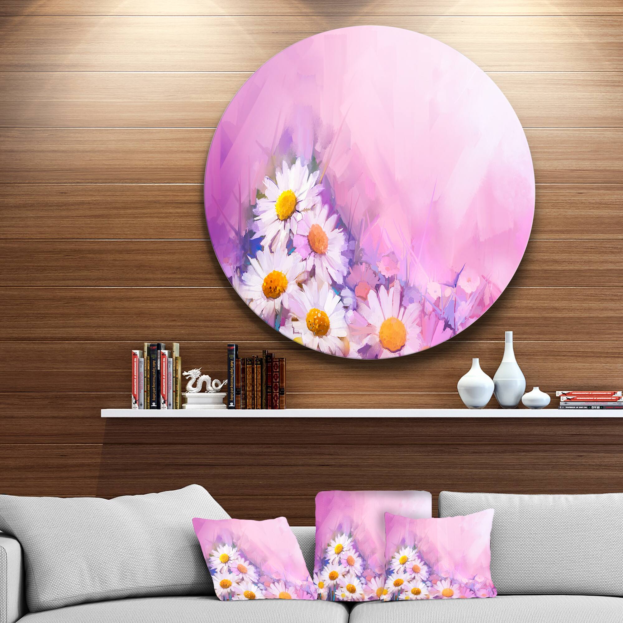 Designart - Bouquet of White Gerbera and Daisy&#x27; Disc Floral Metal Circle Wall Art