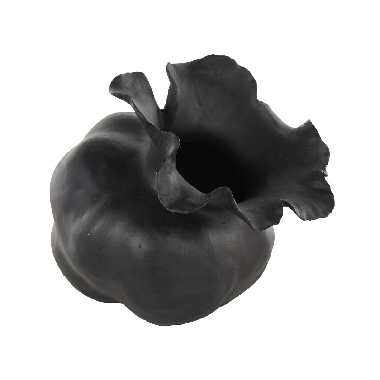 8.75&#x22; Black Ceramic Abstract Wide Rounded Floral Shaped Decorative Vase with Petal Rim