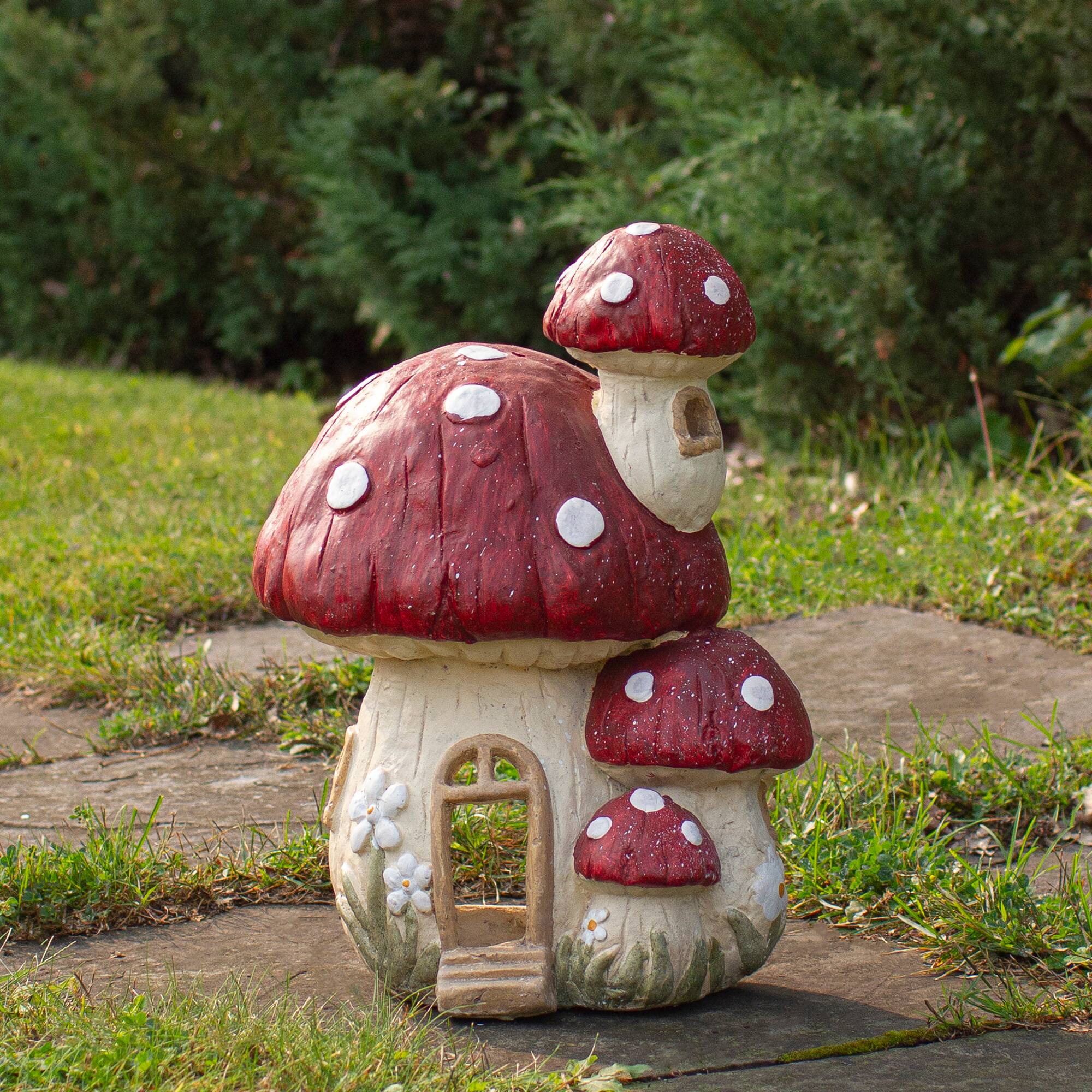 18&#x22; Red &#x26; Beige Mushroom House Outdoor Garden Statue