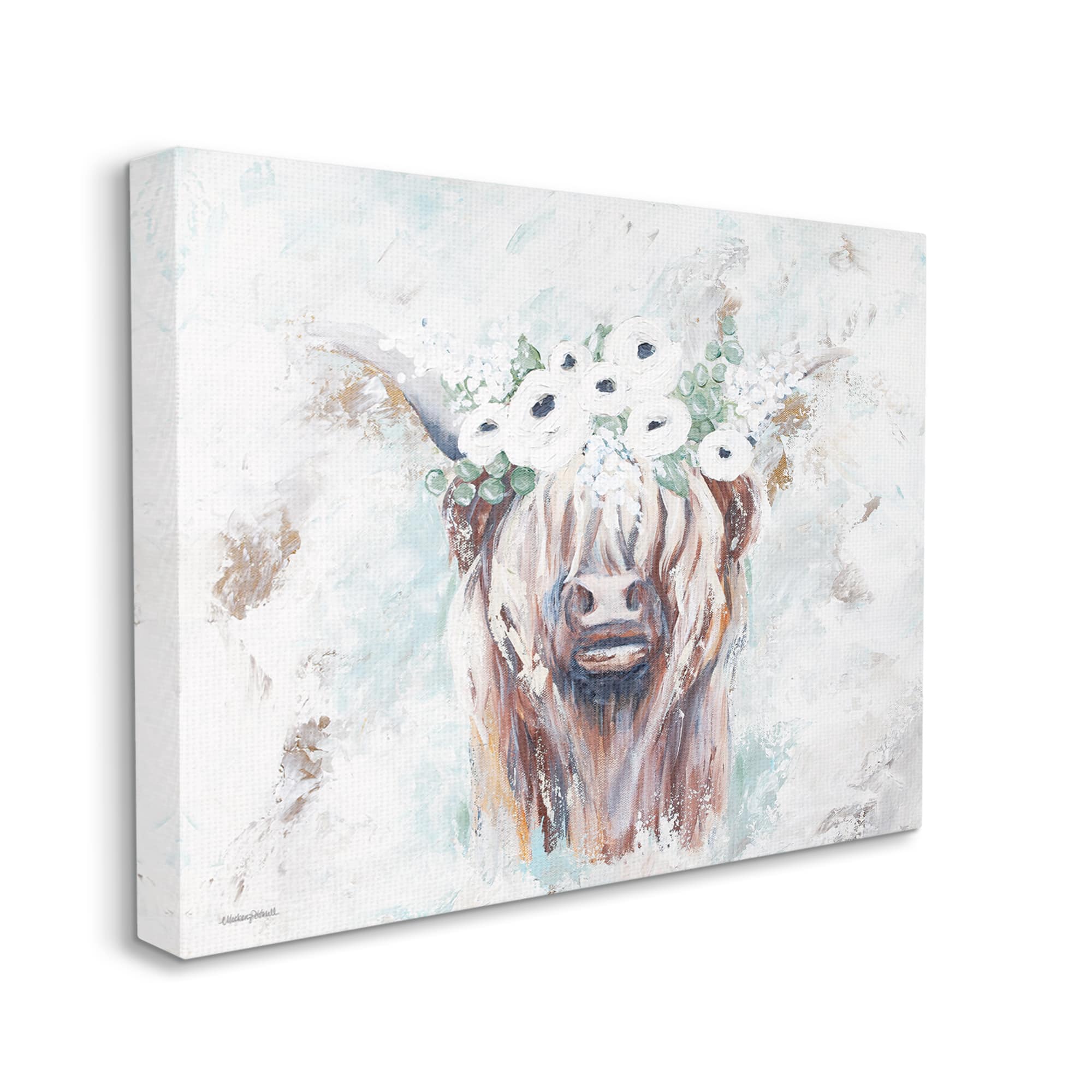 Stupell Industries Rustic Country Longhorn Cattle Flecked Flower Blossoms Canvas Wall Art