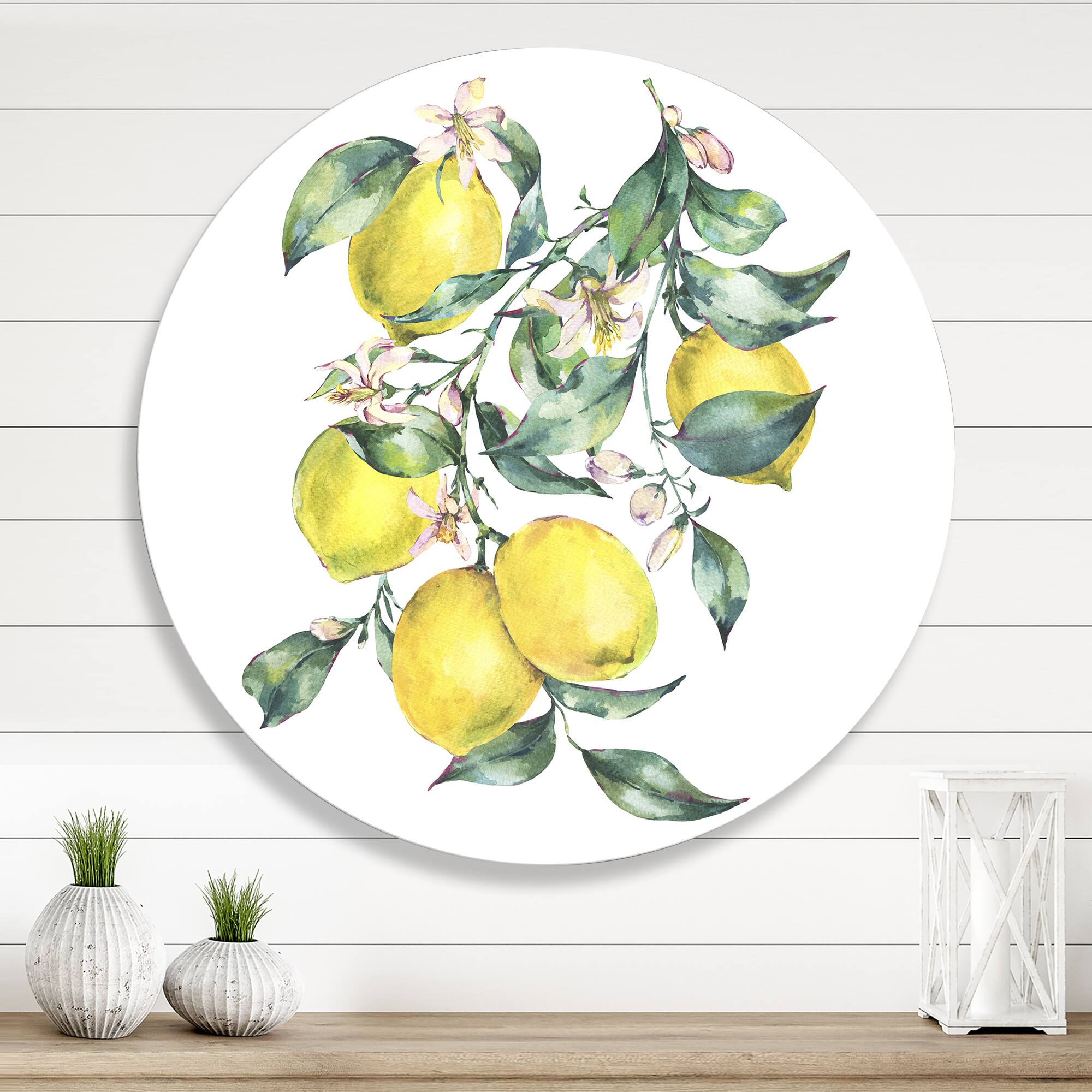 Designart - Branch of Yellow Lemons and Leaves I - Tropical Metal Circle Wall Art