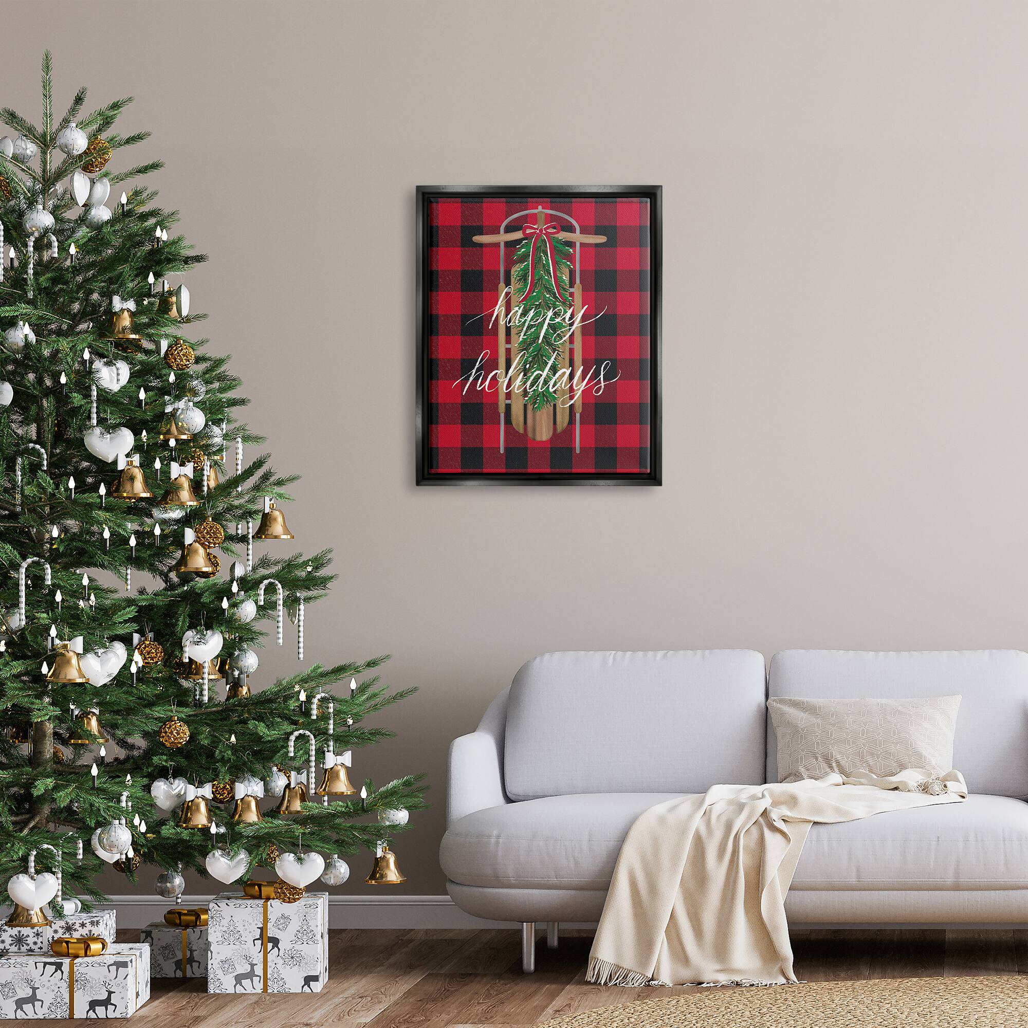 Stupell Industries Happy Holidays Tartan Sled Framed Floater Canvas Wall Art