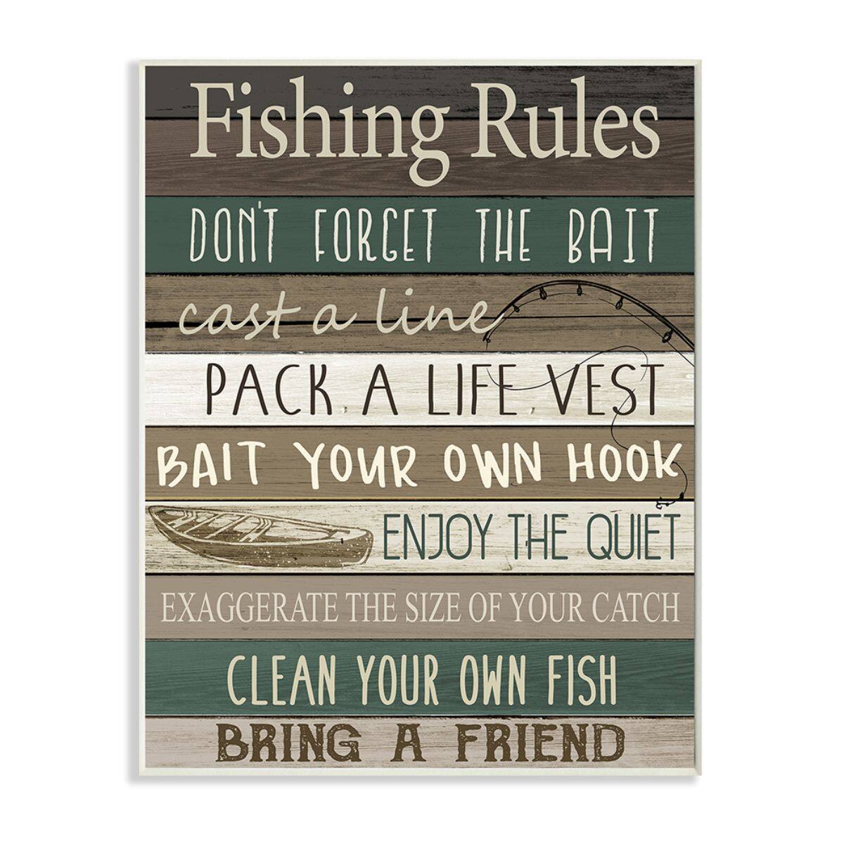 Stupell Industries Rustic Fishing Rules Sign Brown Green Beige Wood Wall Plaque