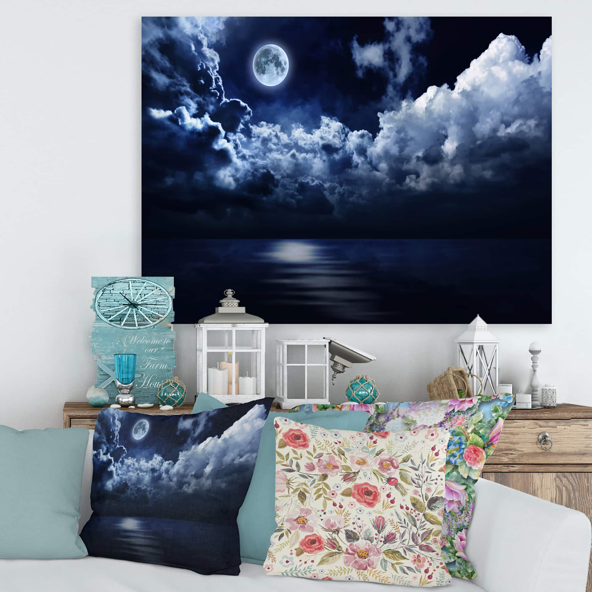 Designart - Full Moon in Cloudy Night Sky - Modern Canvas Wall Art Print