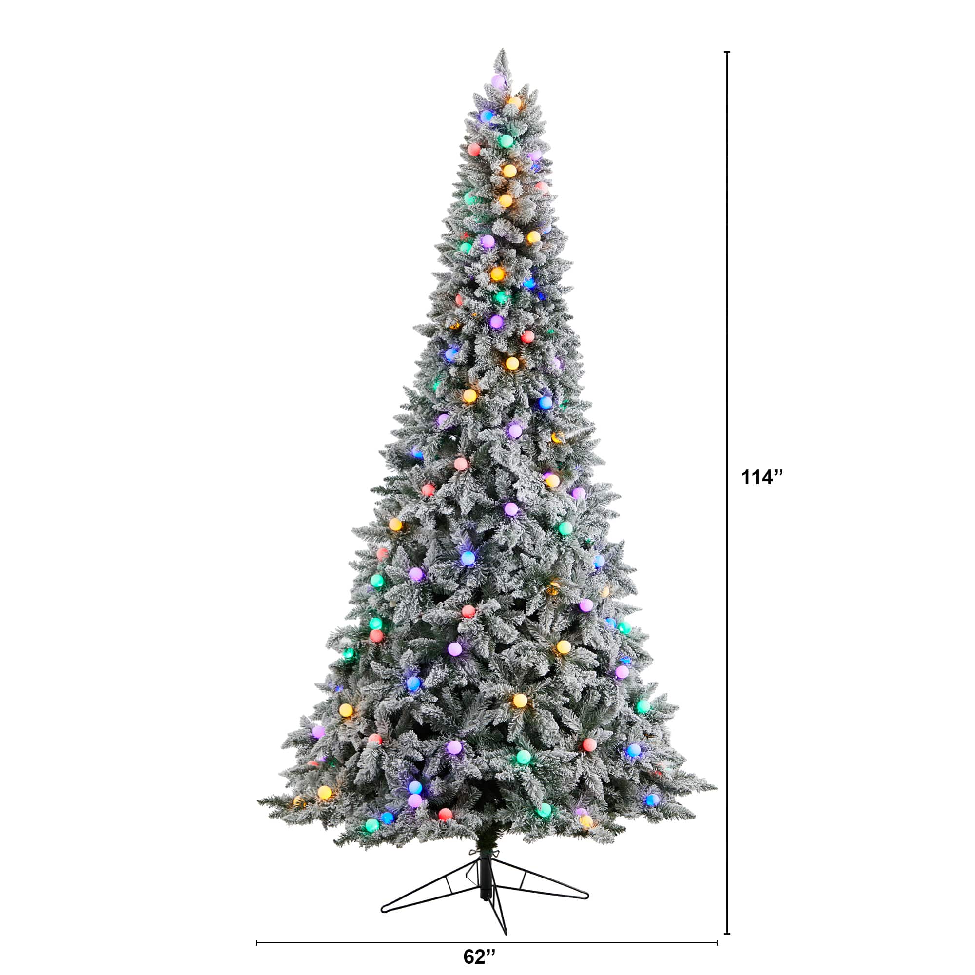 9.5ft. Pre-Lit Flocked British Columbia Mountain Fir Artificial Christmas Tree, Multicolor Globe Bulbs