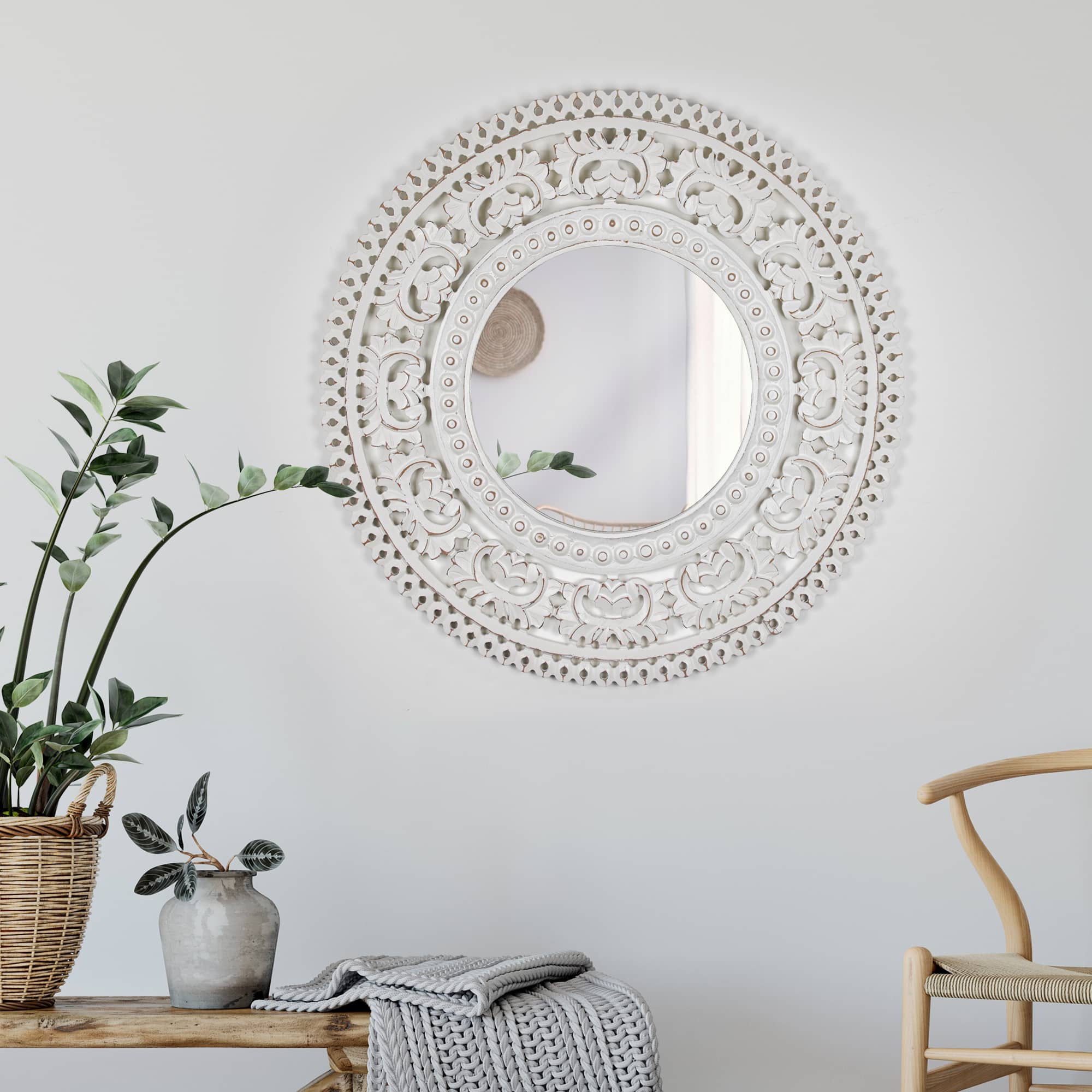 American Art D&#xE9;cor&#x2122; 24&#x22; White Hand-Carved Wood Medallion Accent Mirror