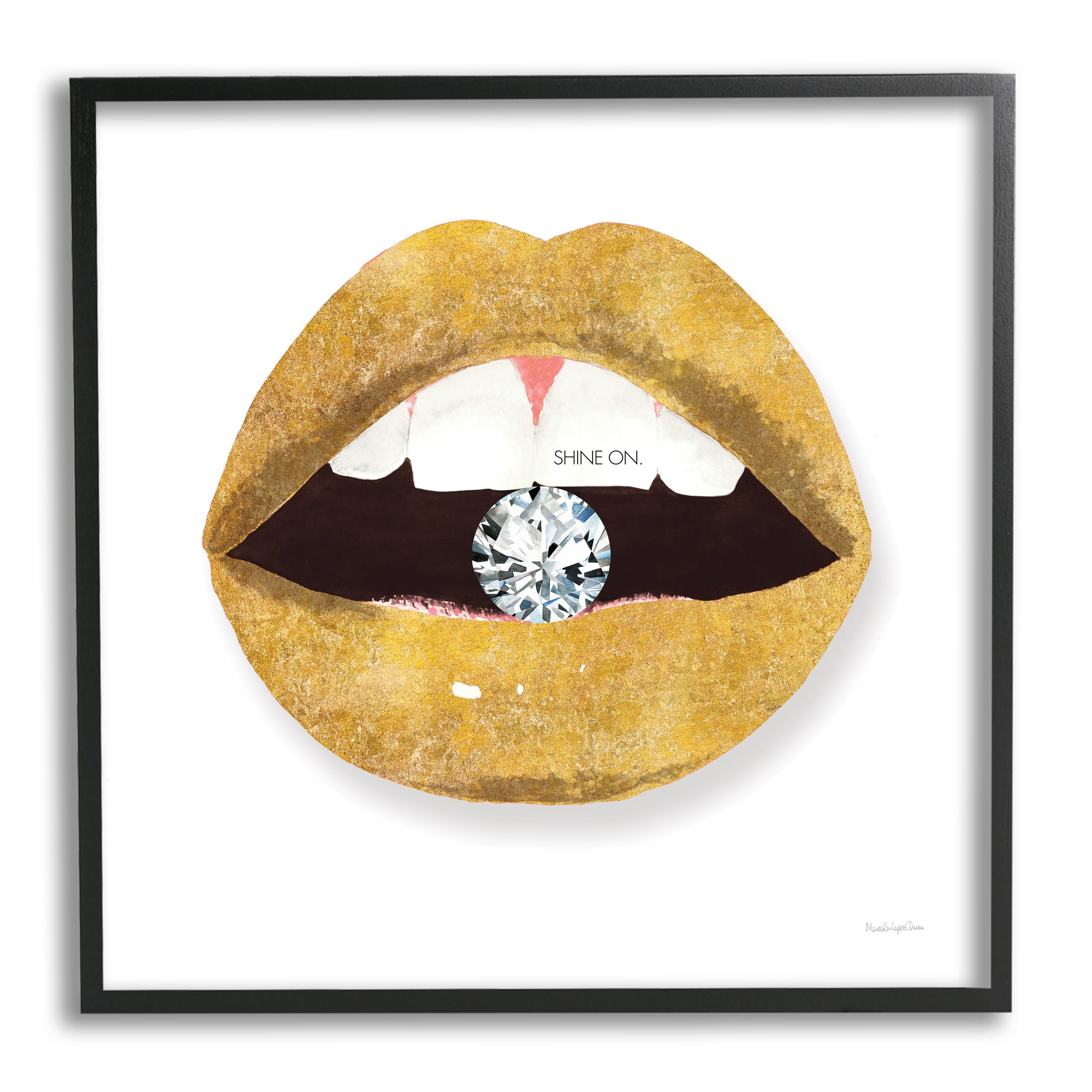 Stupell Industries Shine On Sentiment Gold Lips Glam Diamond Bite Framed Wall Art