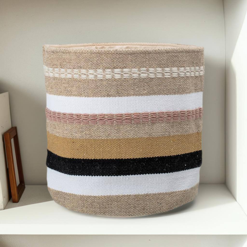 Hello Honey&#xAE; 16&#x22; White, Brown &#x26; Pink Striped Round Woven Fabric Basket