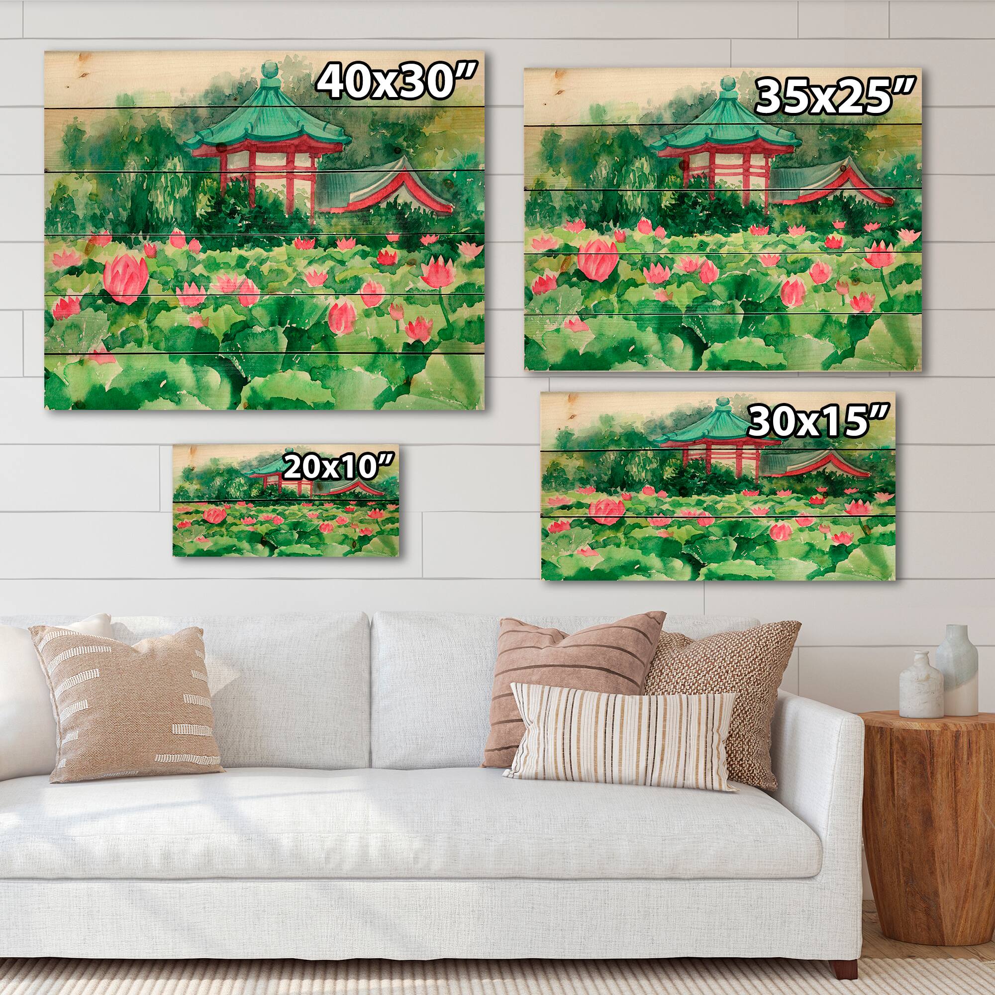 Designart - Lotus Lake and Pagoda - Traditional Print on Natural Pine Wood