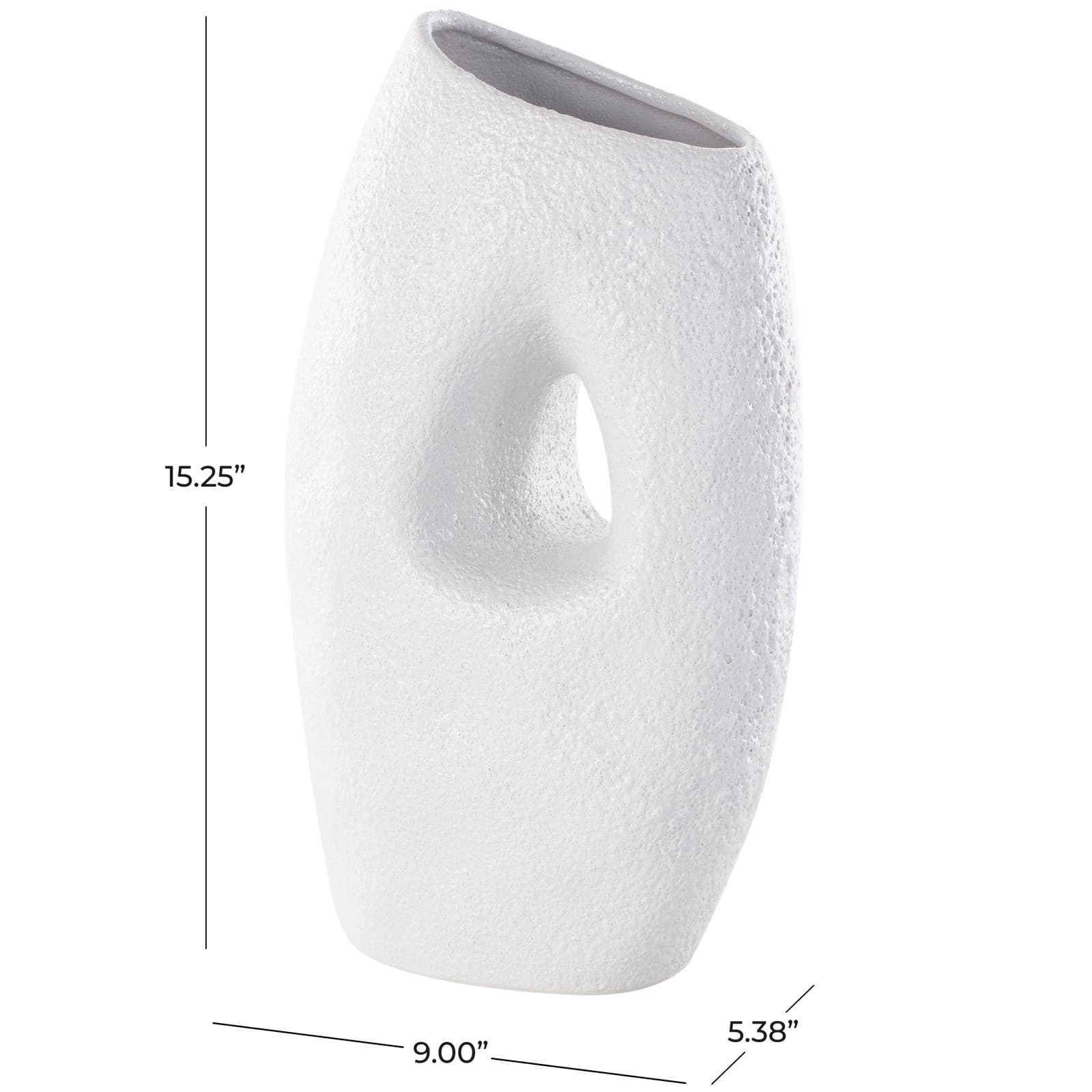 15" White Ceramic Abstract Textured Vase with Cutout Center