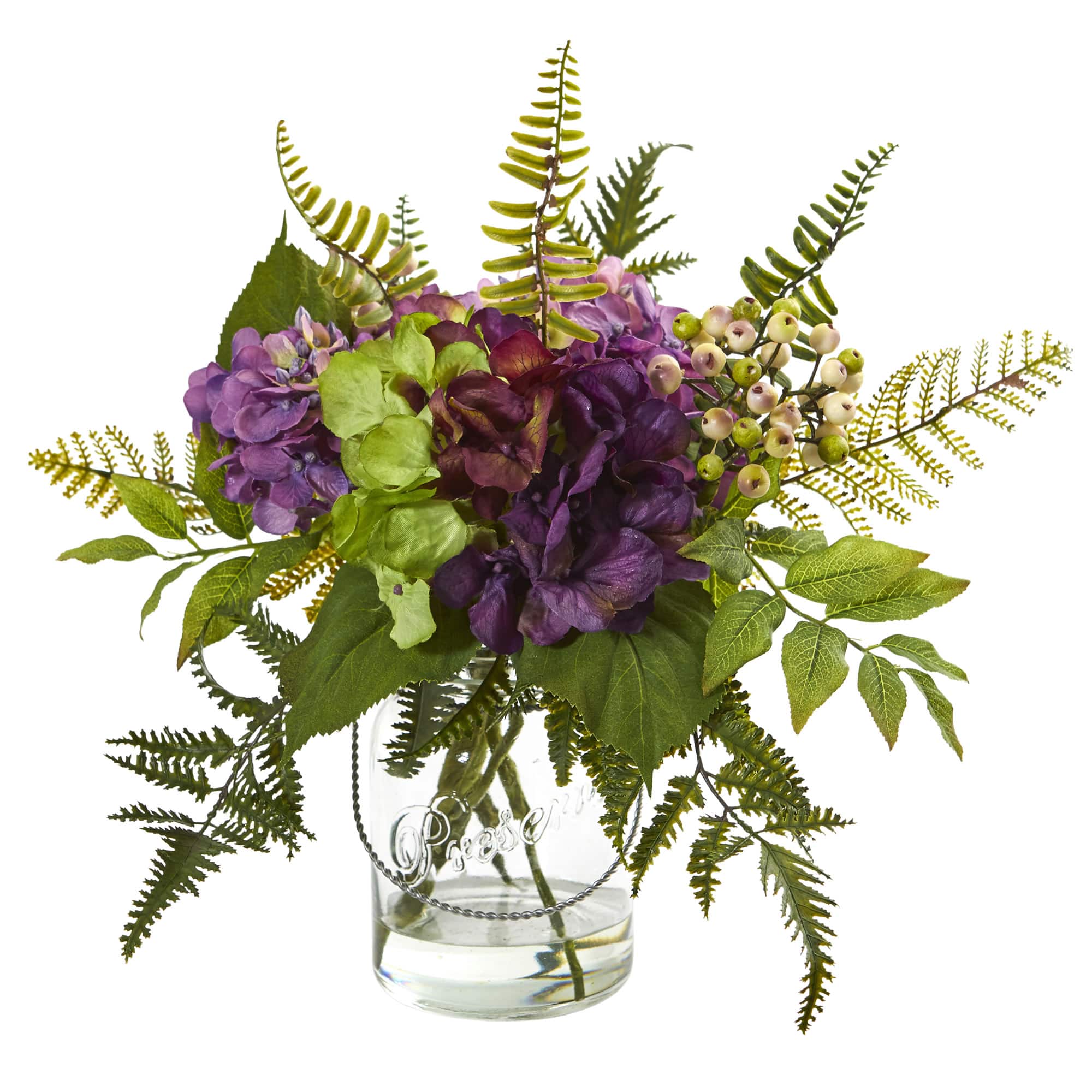 14” Hydrangea & Berry Arrangement in Glass Vase