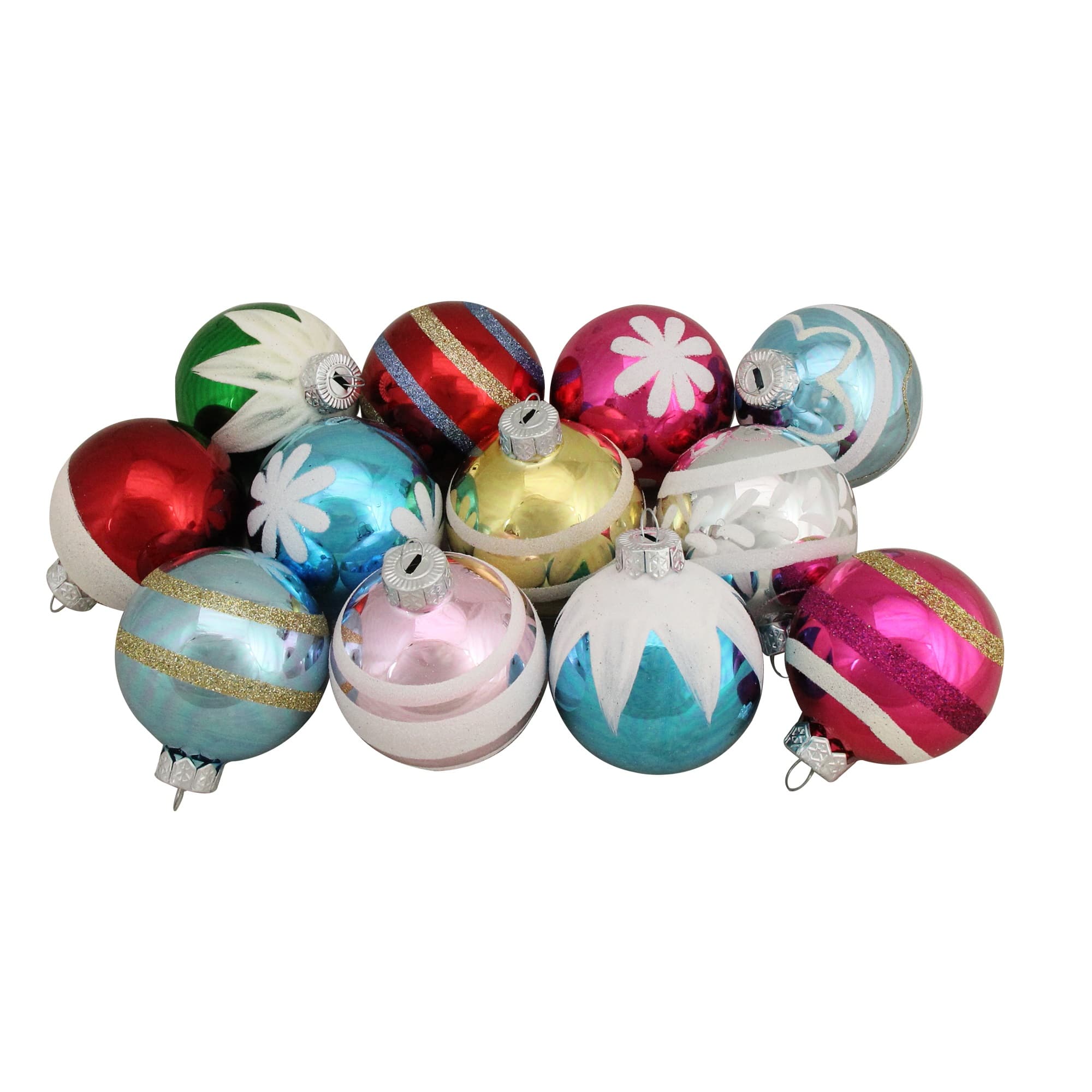 12ct. 2.5&#x22; Frosted &#x26; Glittered Multicolor Glass Ball Ornaments