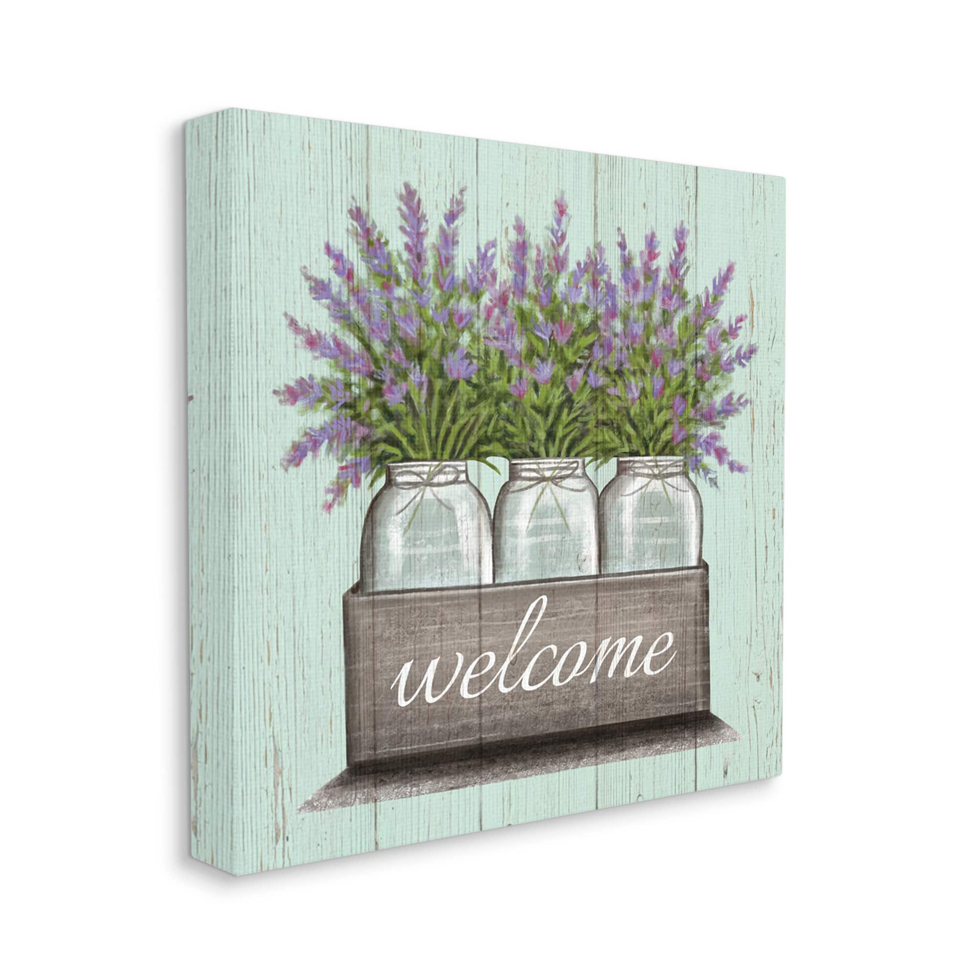 Stupell Industries Purple Lavender Florals in Jars Welcome Sentiments Canvas Wall Art