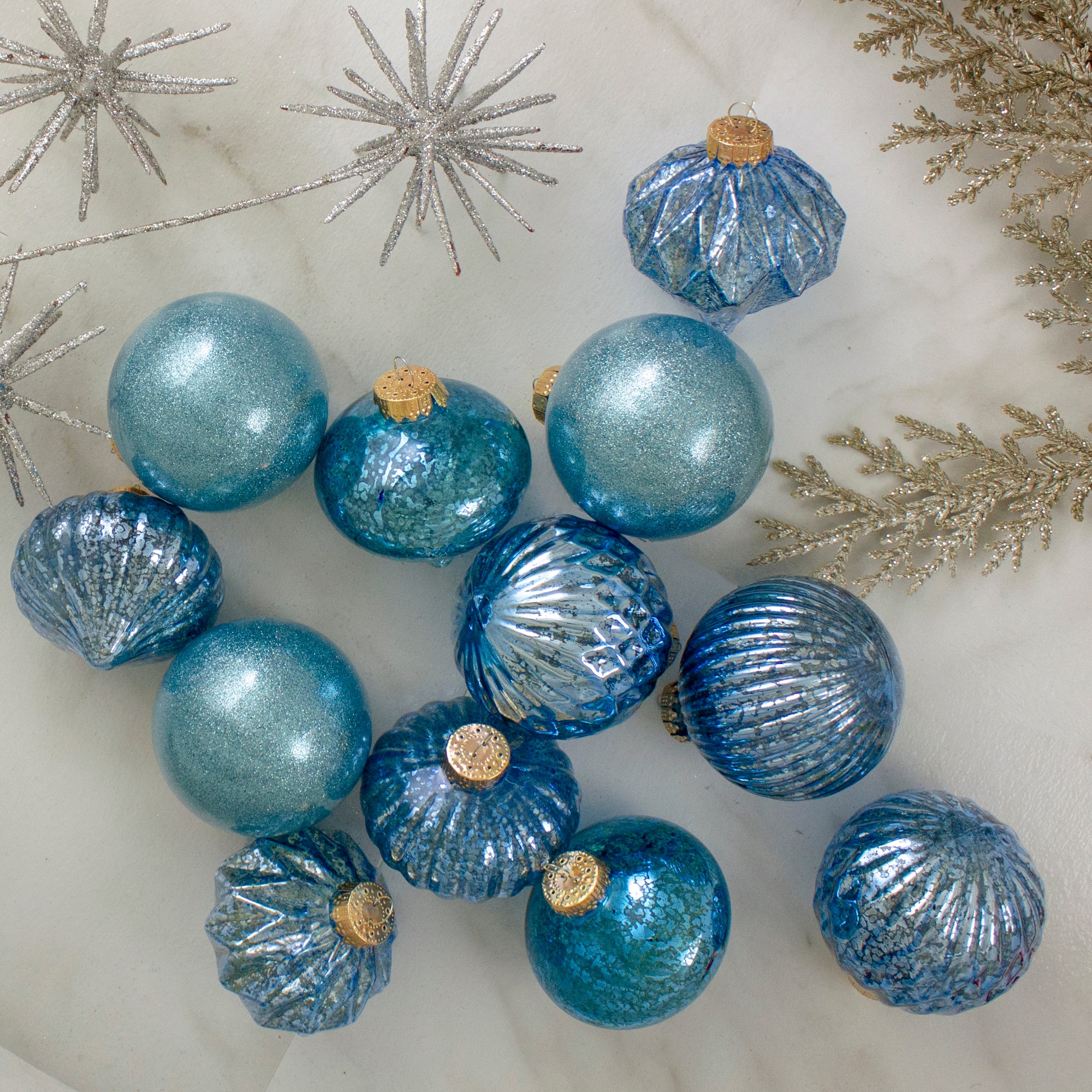 12ct. 3.75&#x22; Teal Blue 3-Finish Glass Ornaments
