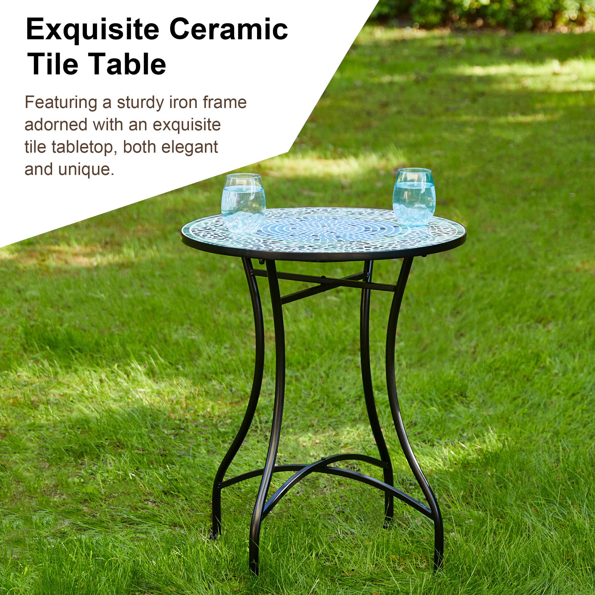 Glitzhome® 28" Green Outdoor Metal Folding Bistro Table with Ceramic Tile Top